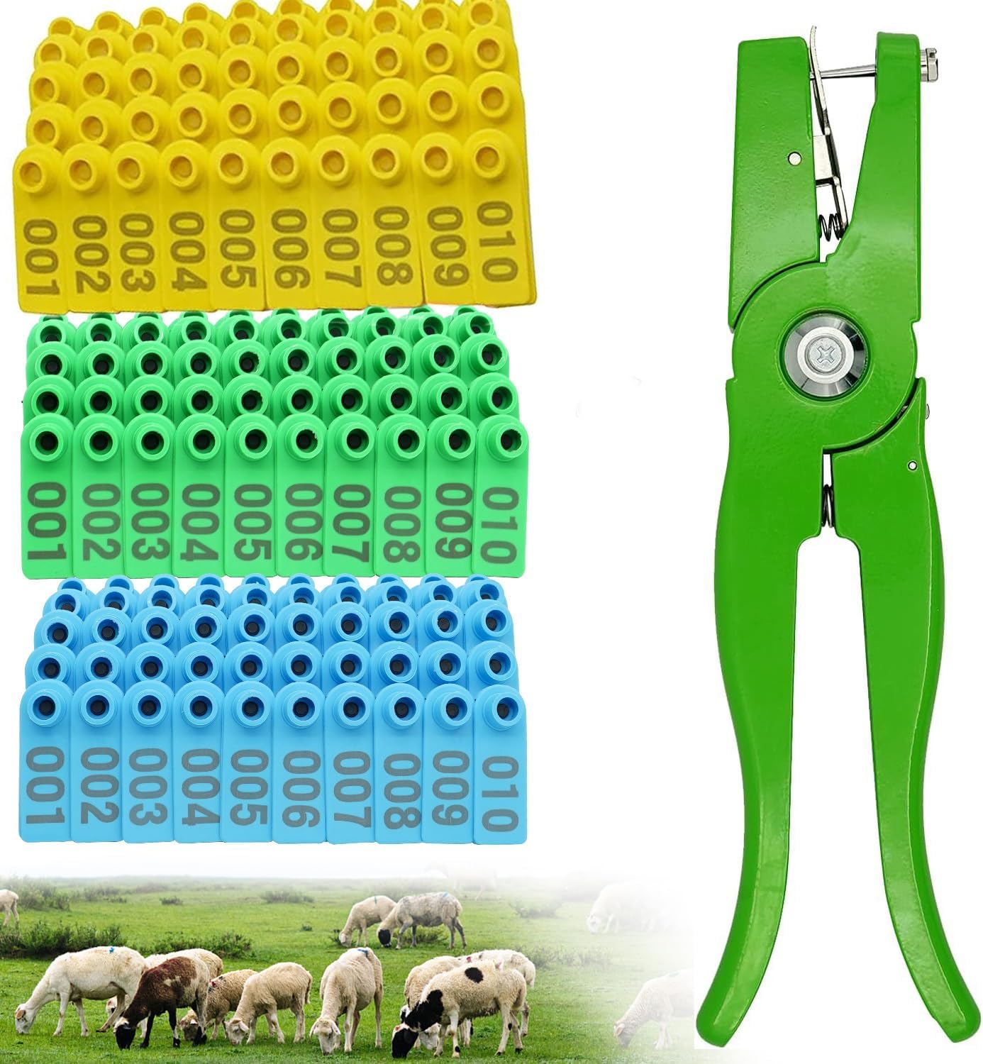 300PCS Livestock Goat Ear Tags Labels for Sheep Pig Livestock Dog Animal Deer Farm Horse Cow Cattle, with 1PCS Ear Tags Applicator, 001-100 Number