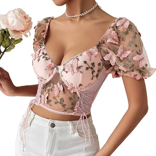 Swbreety Camiseta de manga abombada bordada floral para mujer, ajustada, corsé corto, sexy, bustier