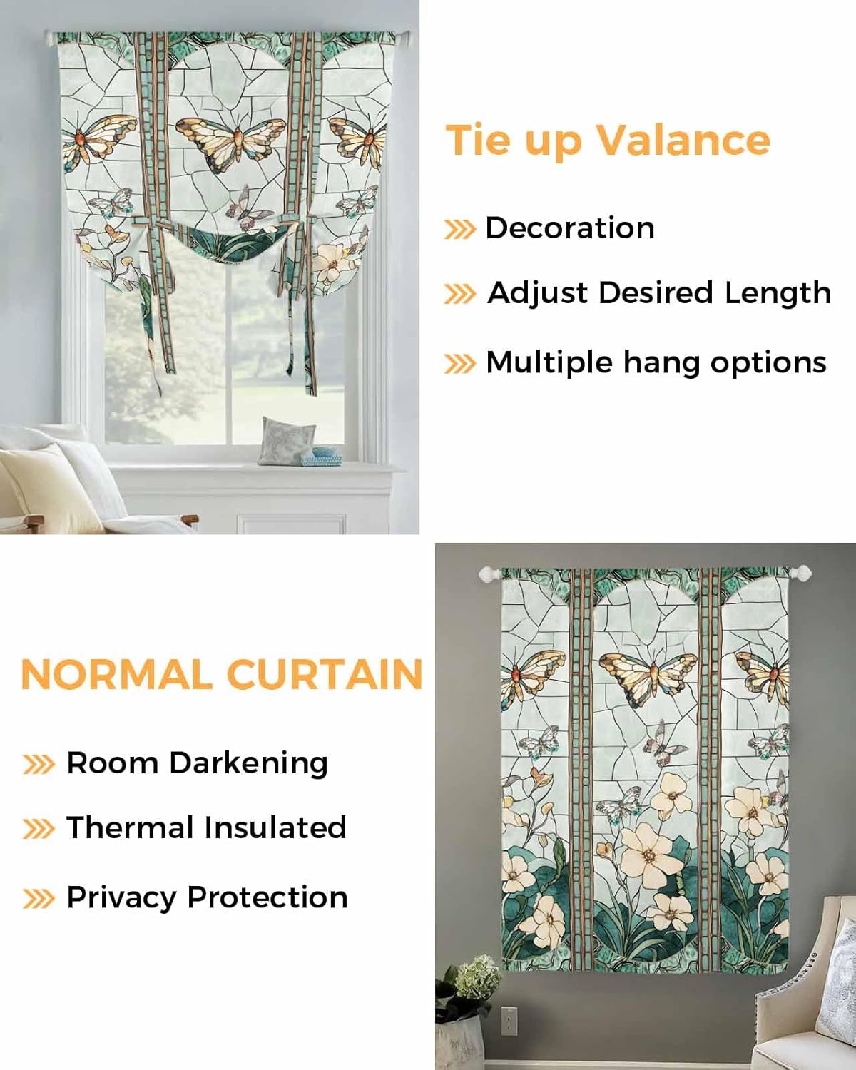 Tie Up Curtain for Windows Butterfly Balloon Window Shades for Bedroom Bathroom Adjustable Rod Pocket Green Leaves Floral Window Treatments Curtains Valance for Kitchen 52" W x 63" L