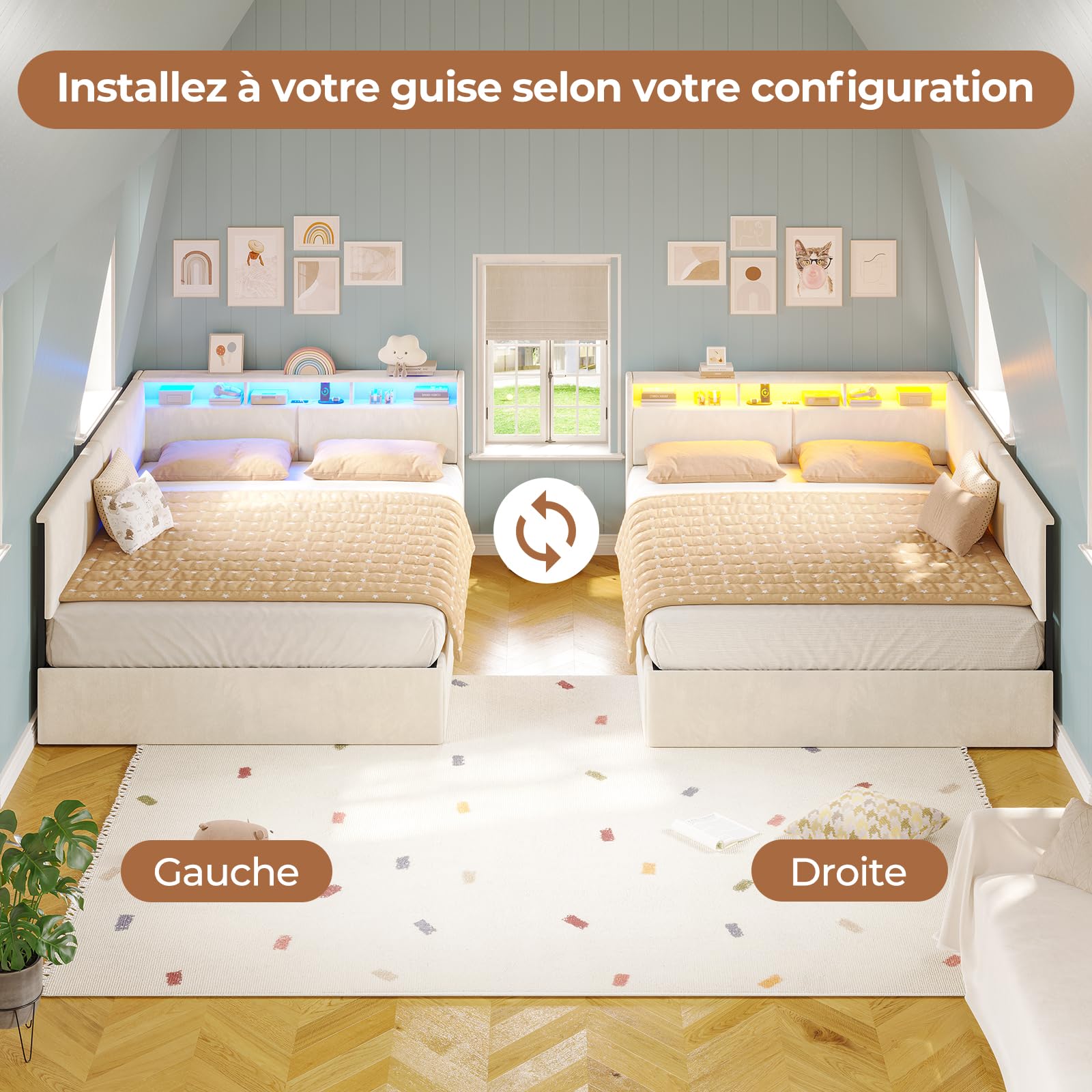 AOGLLATI Polsterbett Schlafsofa 140x200 mit USB-Steckdosen & hydraulischem Stauraum, Betten 140x200 mit LED-Kopfteil & Lattenrost, Kinderbett Tagesbett, Doppelbett, Beige Samt (ohne Matratze)