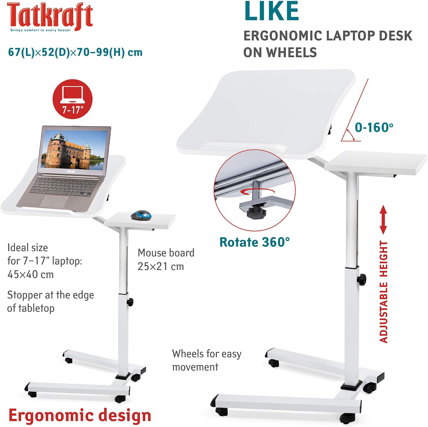 Flash Deals - 60% OFF Tatkraft Like Portable Laptop Desk with Mouse Pad, Rolling Computer Stand with Adjustable Height, Sturdy and Ergonomic, White