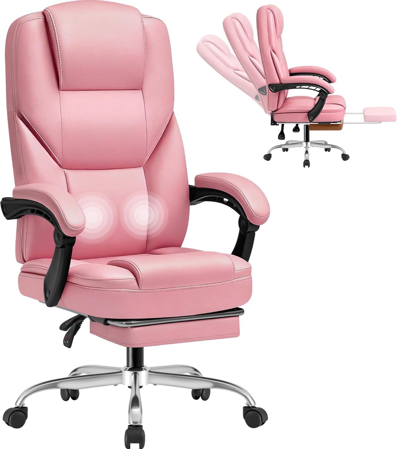 Shahoo Executive Office Chair with Massage, Ergonomic Reclining High Back Leather Seats with Footrest and Lumbar Support, Big and Tall, 400Lbs Heavy Duty, Pink