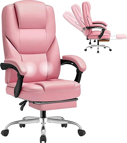 Shahoo Silla de oficina ejecutiva con masaje, asientos ergonómicos reclinables de cuero con respaldo alto con reposapiés y soporte lumbar, grande y