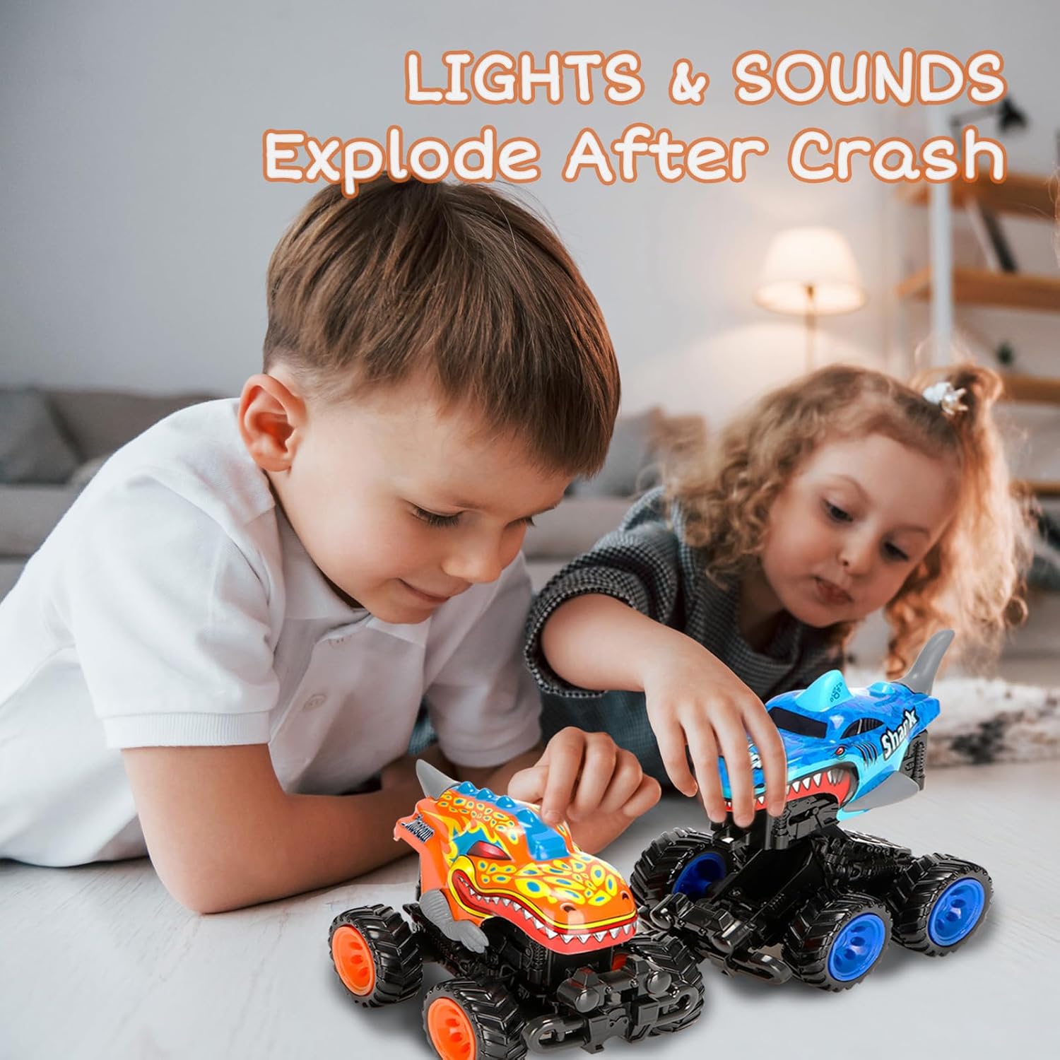 2 Pack Exploding Monster Truck Toy with Interchangeable Dinosaur & Shark Bodies, Friction-Powered Light-Up Cars with Sounds, Birthday Gift for Boys Ages 4-7, Easter Basket Stuffer, Kids Car Toys - Image 6