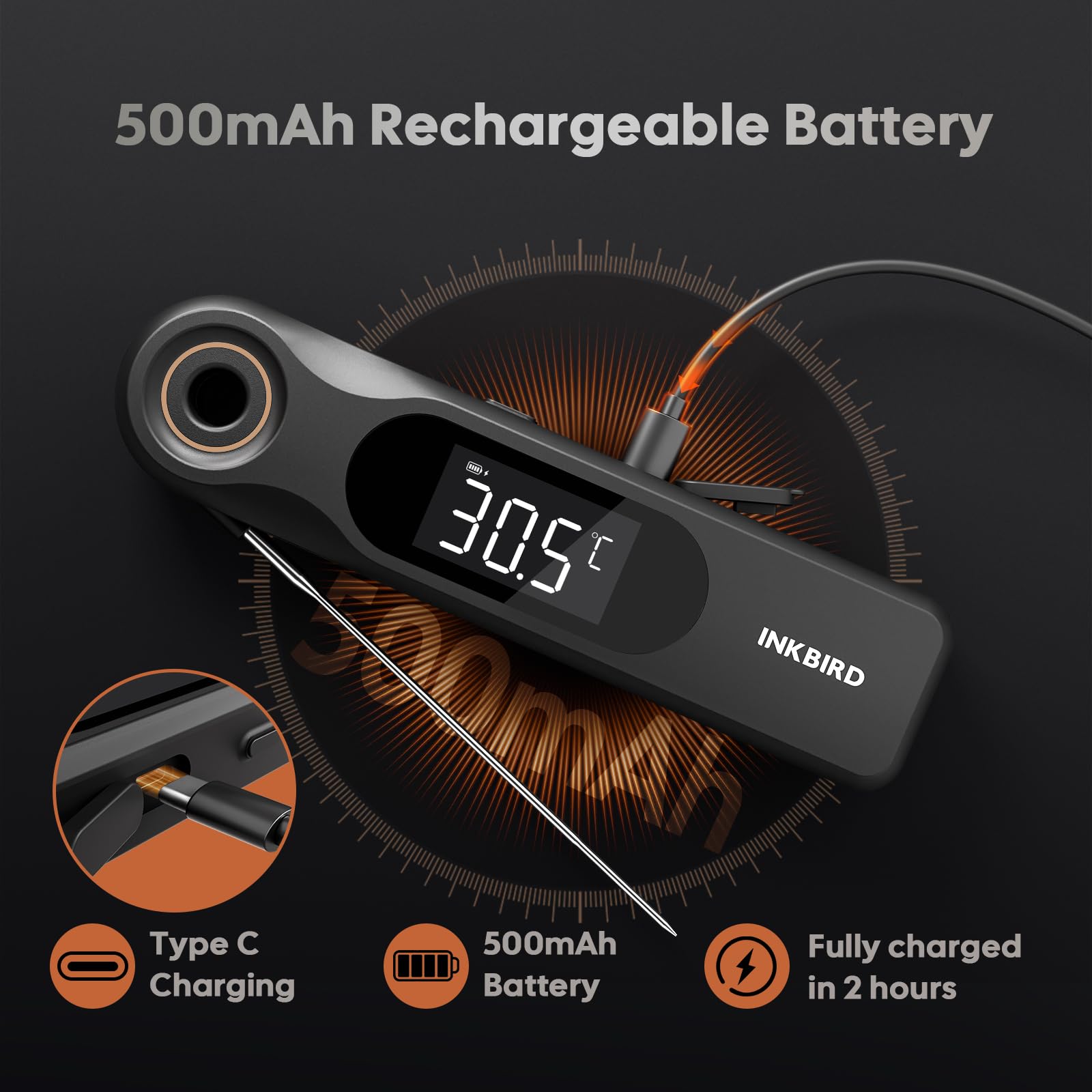 INKBIRD IHT-51K Termómetro Digital para Carne, Termómetro para Barbacoa de Pantalla Dual, Sonda Ultradelgada de 1.8 mm, Reacción de 0.5 Segundos, Impermeable IP65, Termómetro para Horno de Cocina