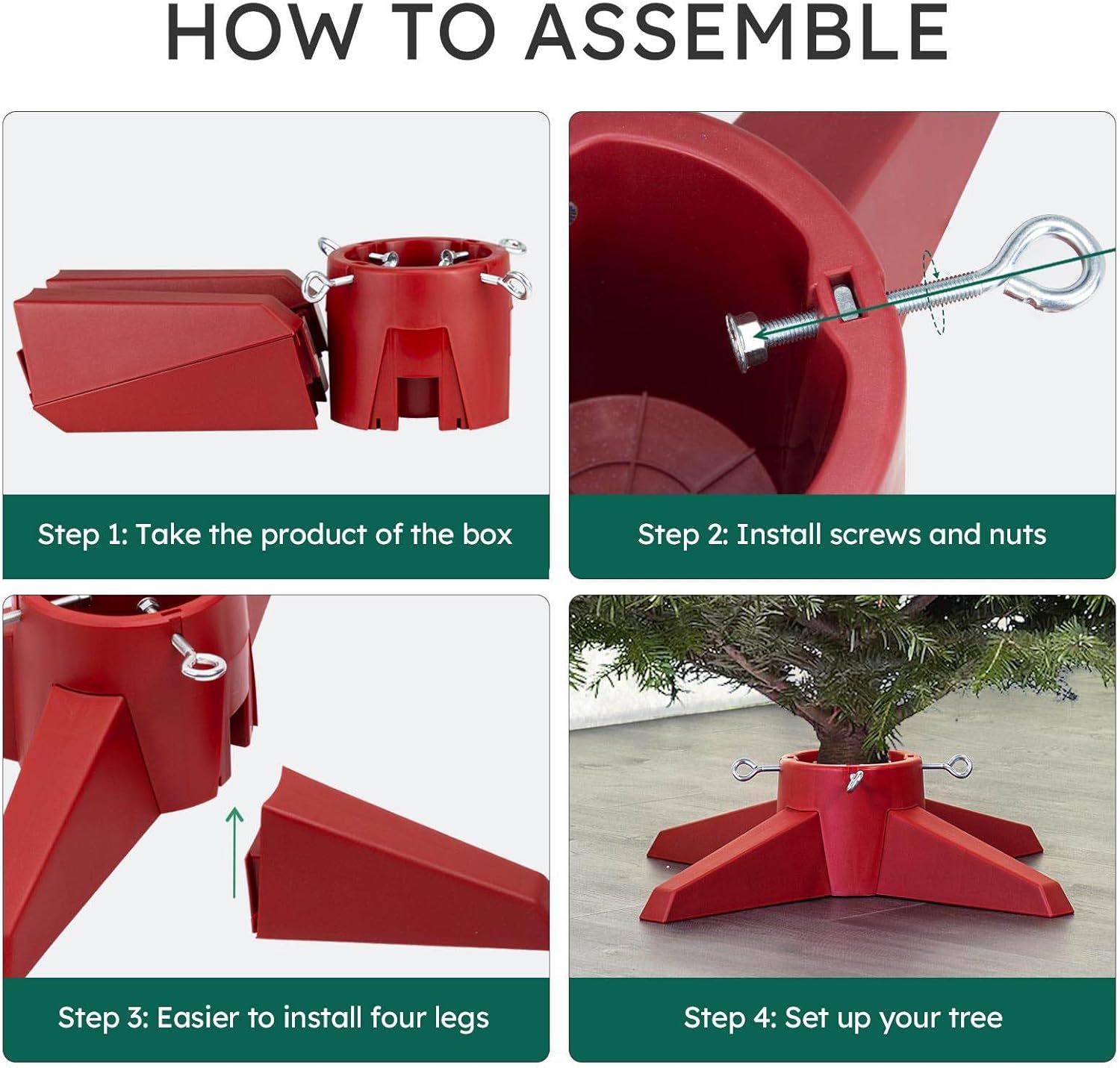 Christmas Tree Stand for Live Tree, Fits up to 8ft Real Tree, Rocky-Solid Design Tree Base with Spike for Real Tree, Sturdy Xmas Tree Holder for Christmas Decoration (Red)