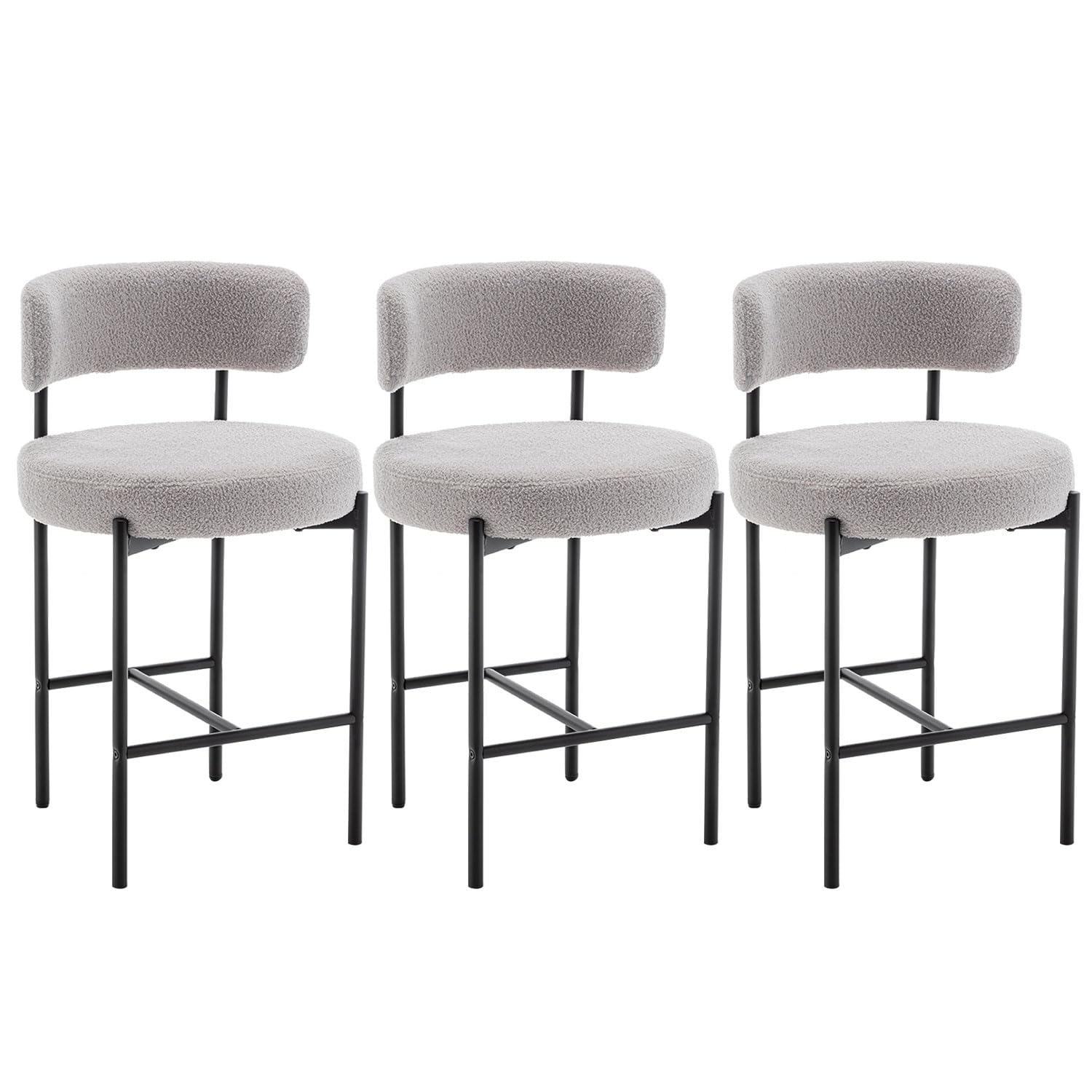 Canxkun Boucle Bar Stools Set of 3, 24" H Modern Counter Stools with Backs, Grey Upholstered Barstools for Kitchen Island, Bar, Cafe