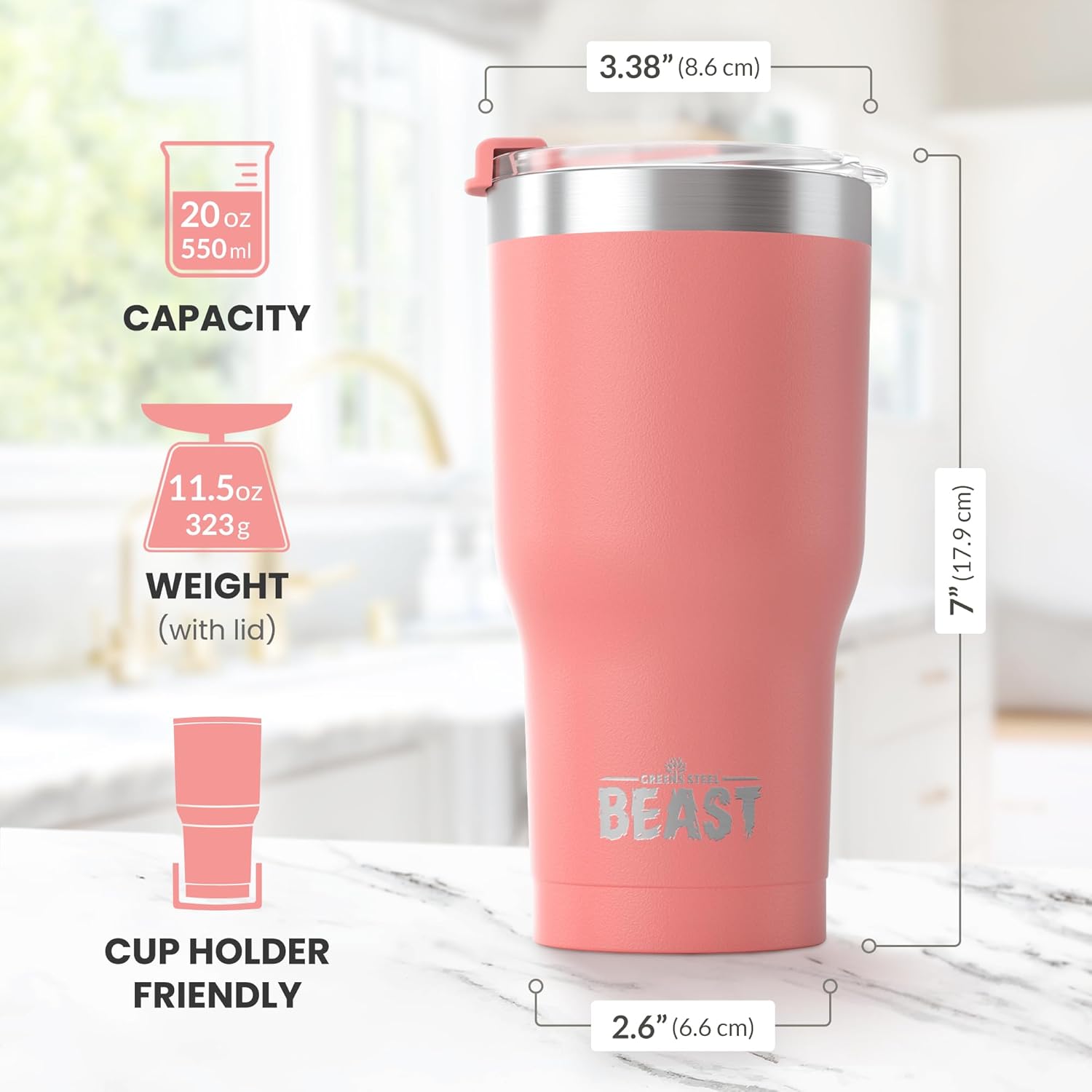Beast 20 oz Tumbler Stainless Steel Vacuum Insulated Coffee Ice Cup Double Wall Travel Flask (Blossom Pink) - Image 7