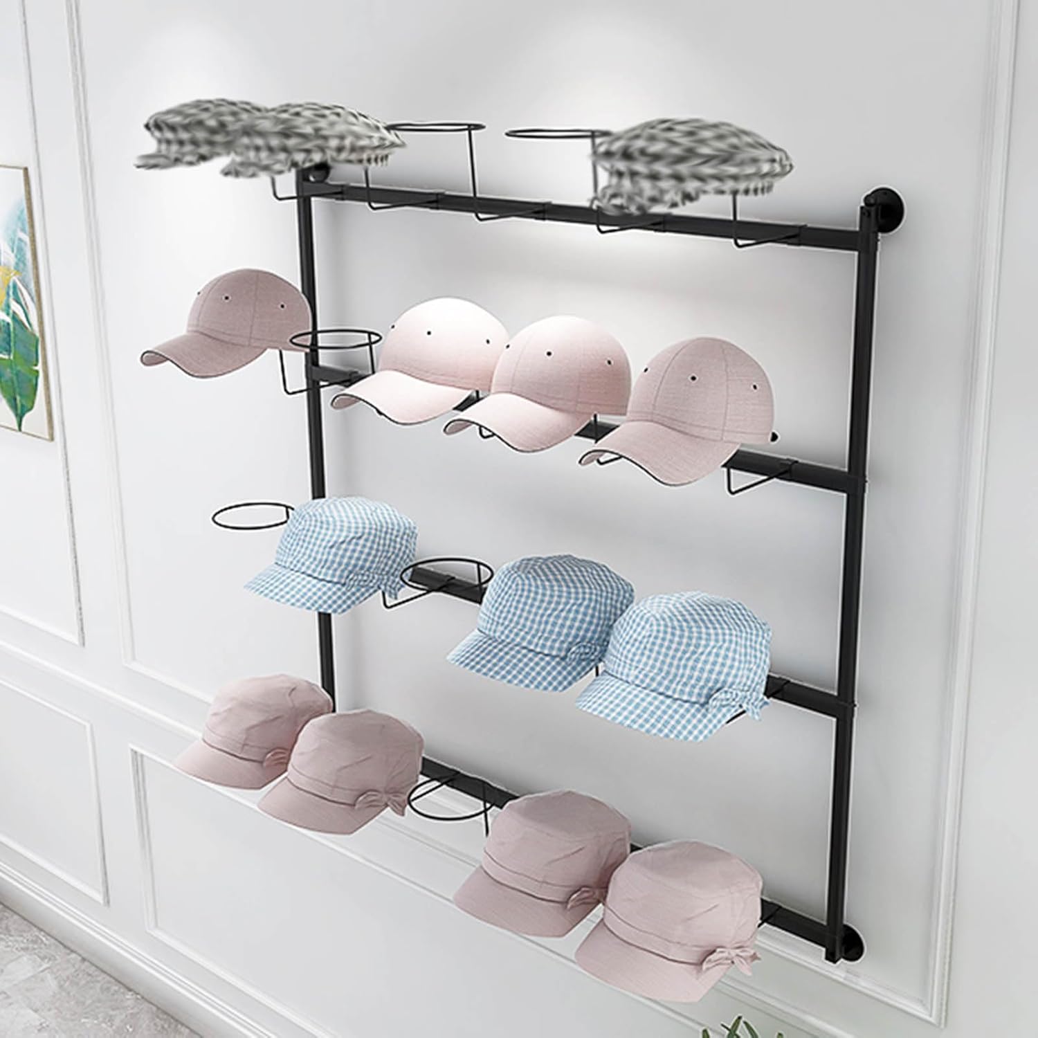 Wall Mount Metal Hat Rack Stand Baseball Hat Holder, 4 Tier Commercial Clothing Store Fedora Hat Rack Wig Display Stand, Adjustable Retail Store Hat Headwea(Q-120 * 100cm