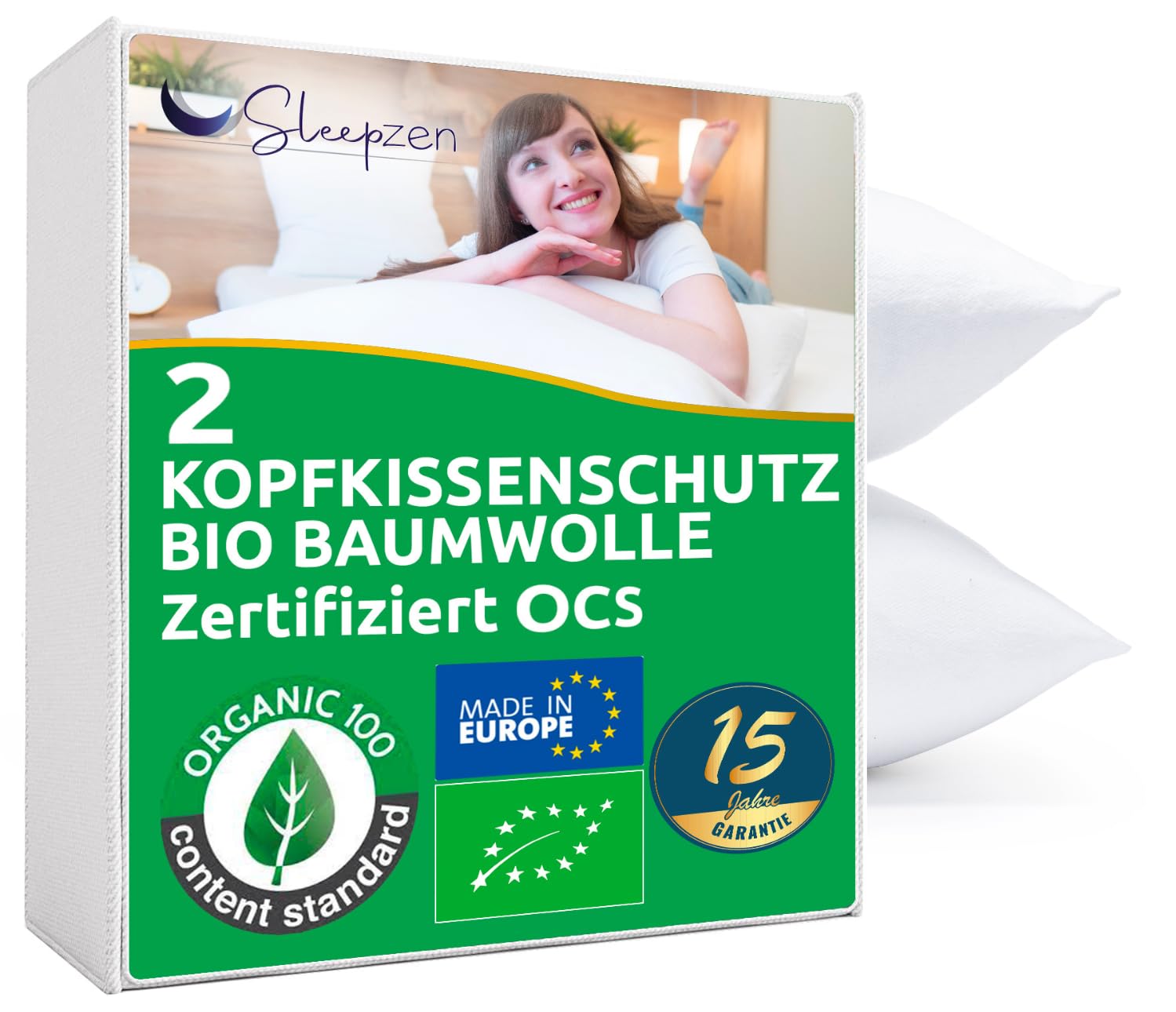 Chłonna poszewka na poduszkę 80 x 80 cm, bawełna organiczna z certyfikatem OCS®, niewodoodporna, zestaw 2 sztuk, wyprodukowano w Europie, oddychająca bawełna polarowa, poszewka na poduszkę, zamknięcie