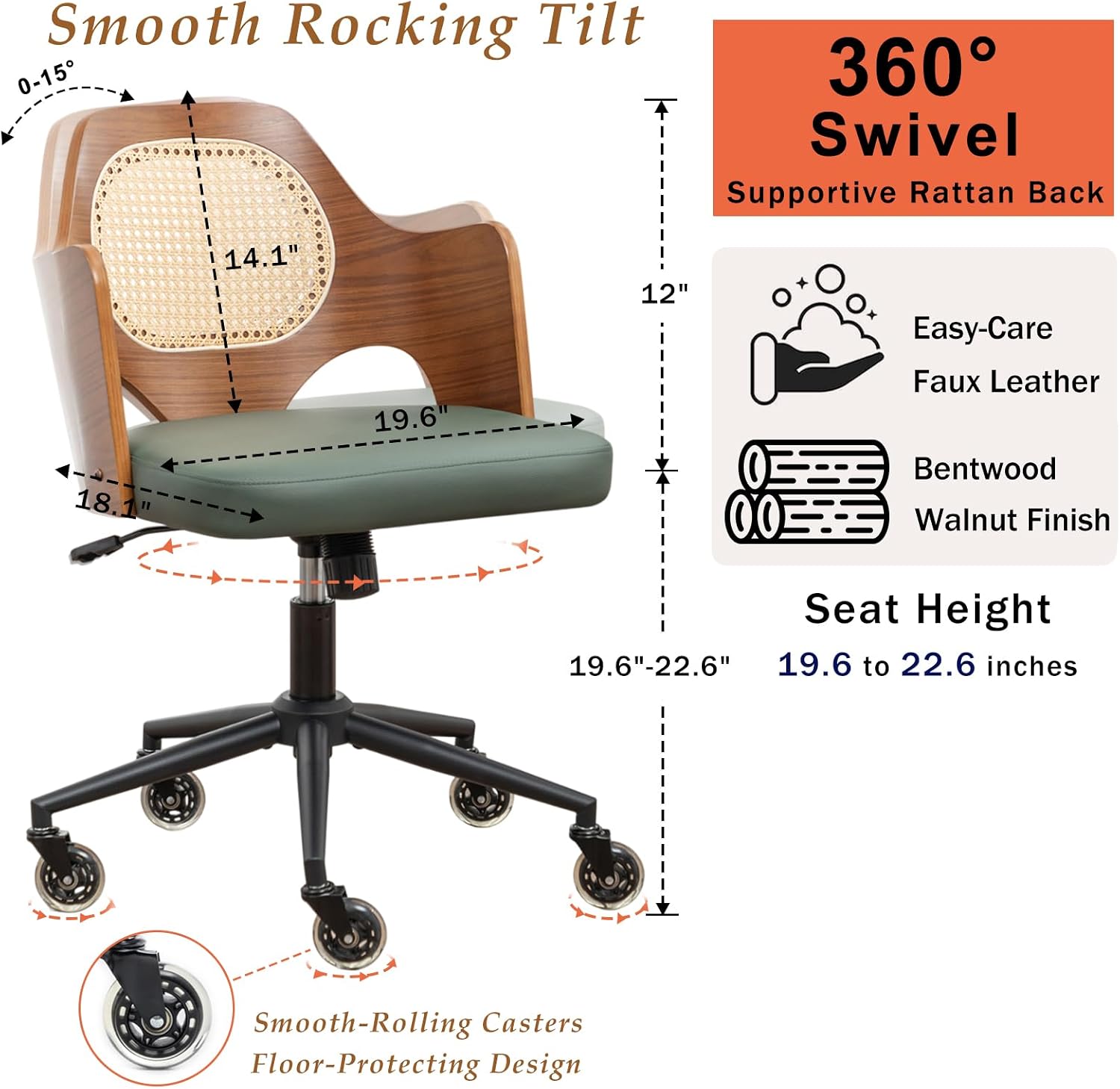 Mid Century Modern Home Office Desk Chair with Ergonomic Rattan Back, Walnut Bentwood Frame, Faux Leather Seat, Curved Arms, Height Adjustable Swivel Chair with Silent Rolling Wheels - Green