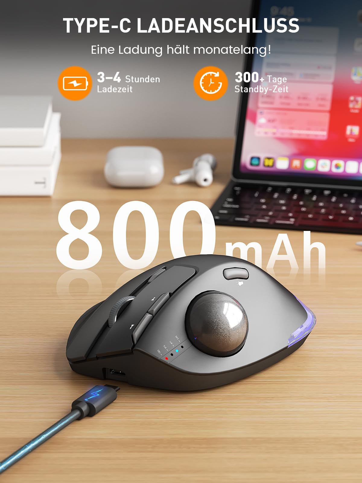 SABLUTE MAM1 Pro Ergonomische Trackball Maus Kabellos, RGB, Bluetooth & USB | Wiederaufladbare Maus mit Daumensteuerung, 5 DPI Stufen, Beleuchtung, Verbindung mit 3 Geräten für PC, Laptop, Mac, Windows
