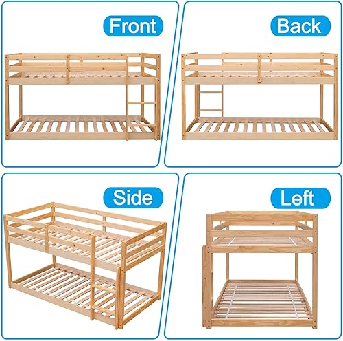Miniatura 6 de Anwick Litera baja de tamaño individual sobre individual con escaleras y rieles, marco de literas de madera con barandilla de seguridad y listones