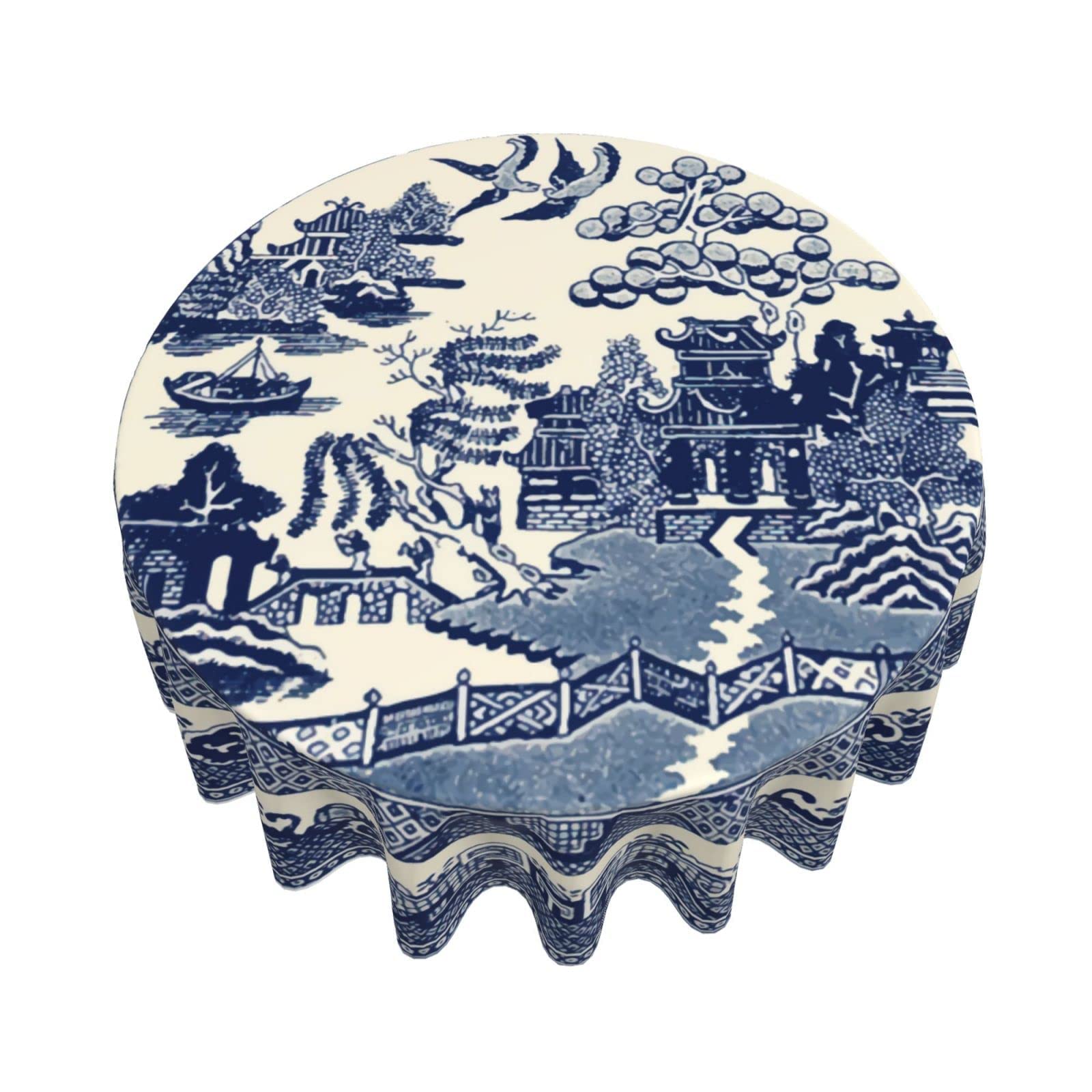 NBFKDO Oriental Style Chinese Blue Willow Soft Microfiber (1) Round Table Cloth,Stain Wrinkle Resistant Washable Polyester 60 Inch Tablecloth for Dining Table Indoor Outdoor Party BBQ