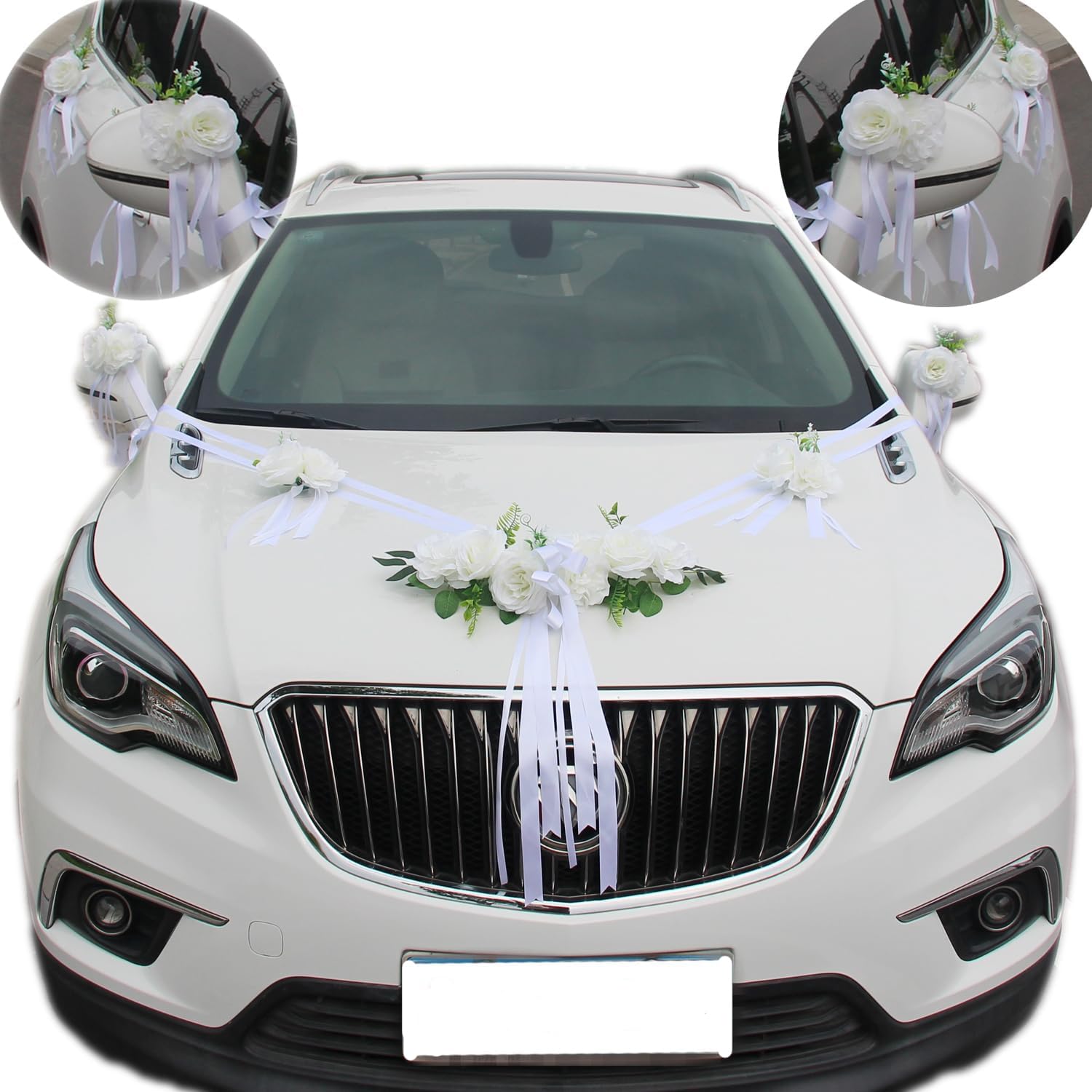 Chexin Ensemble de décoration de voiture de mariage Premium, roses blanches, capot mariée et marié