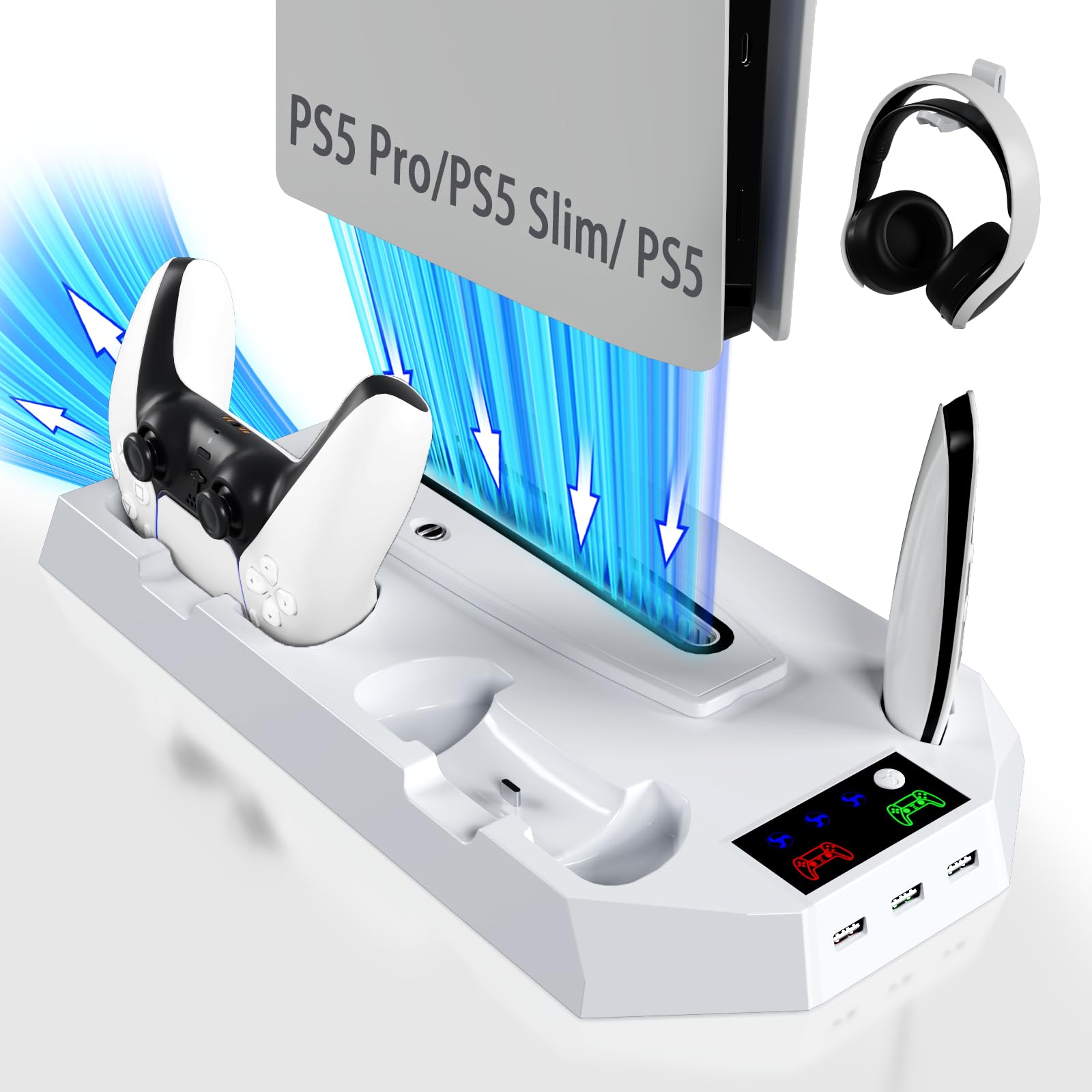 PS5 Slim Pro Stand and Cooling Station with Controller Charging Station for PlayStation 5 Console Accessories Incl Controller