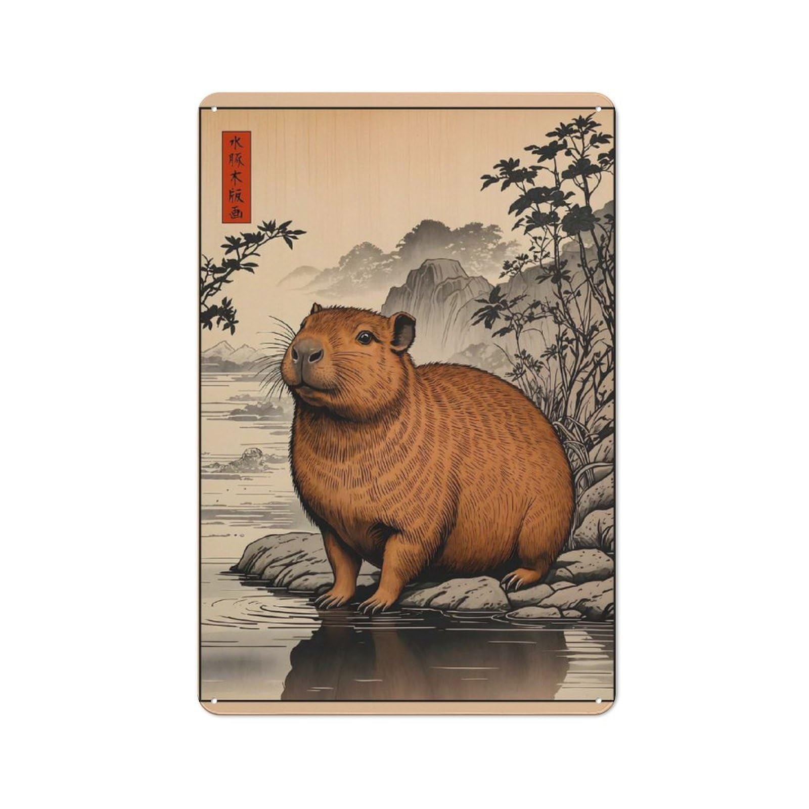 Junmoney Capybara Japan Vintage Creative Metal Wall Decor 30X20cm, Metal Desk Wall Sign For Hobby Room, Office, Lounge Or Living Room