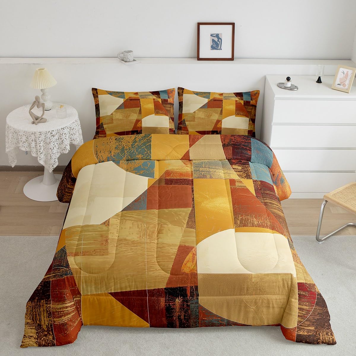 Feelyou Orange Red and Yellow Comforter Set Queen Size Kids Geometric Abstract Comforter for Boys Girls Teens Modern Luxury Bedding Set Artwork Duvet