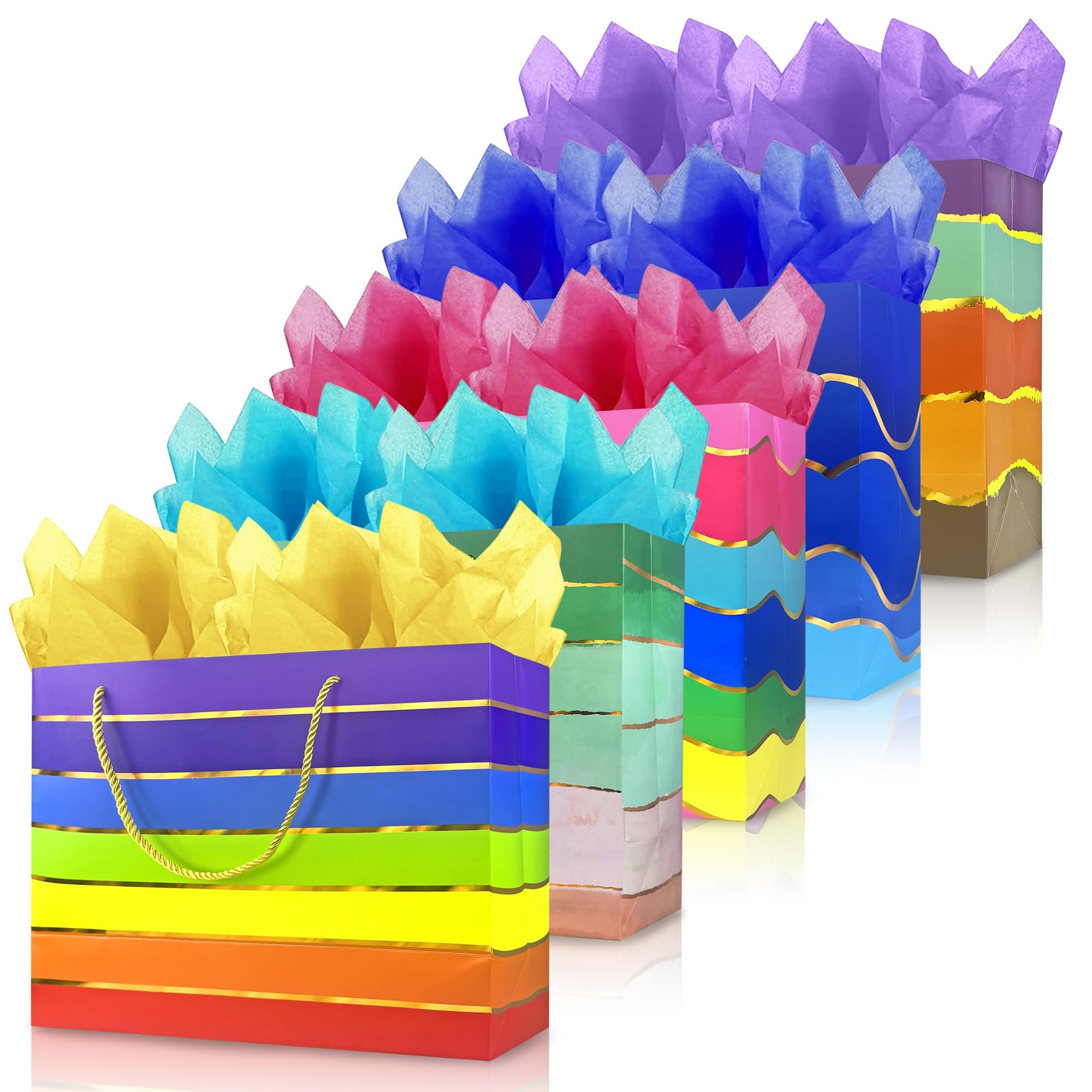MUMULULU 5 Pack 16" Extra Large Gift Bags with Handle and Tissue Paper Birthday Gift Bags Rainbow Gift Bags for Birthday Party Baby Shower Wedding Holiday Presents