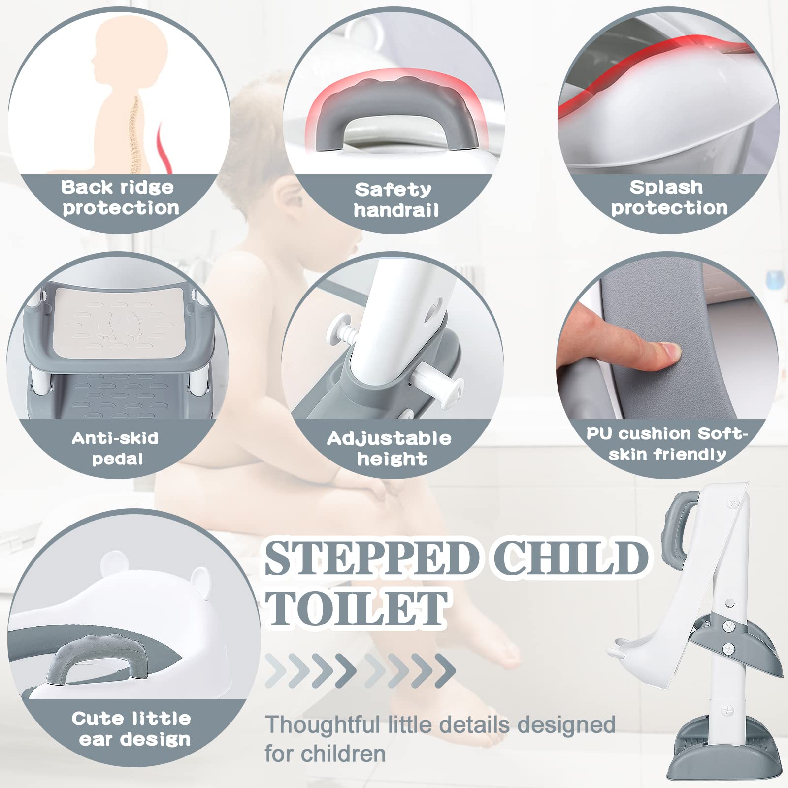 Réducteur Toilette Enfant avec Escalier,WC, Siège avec PU Coussin Moelleux,Robuste, Pliable et Réglable,Adapté aux Toilettes en Forme de V, U, O
