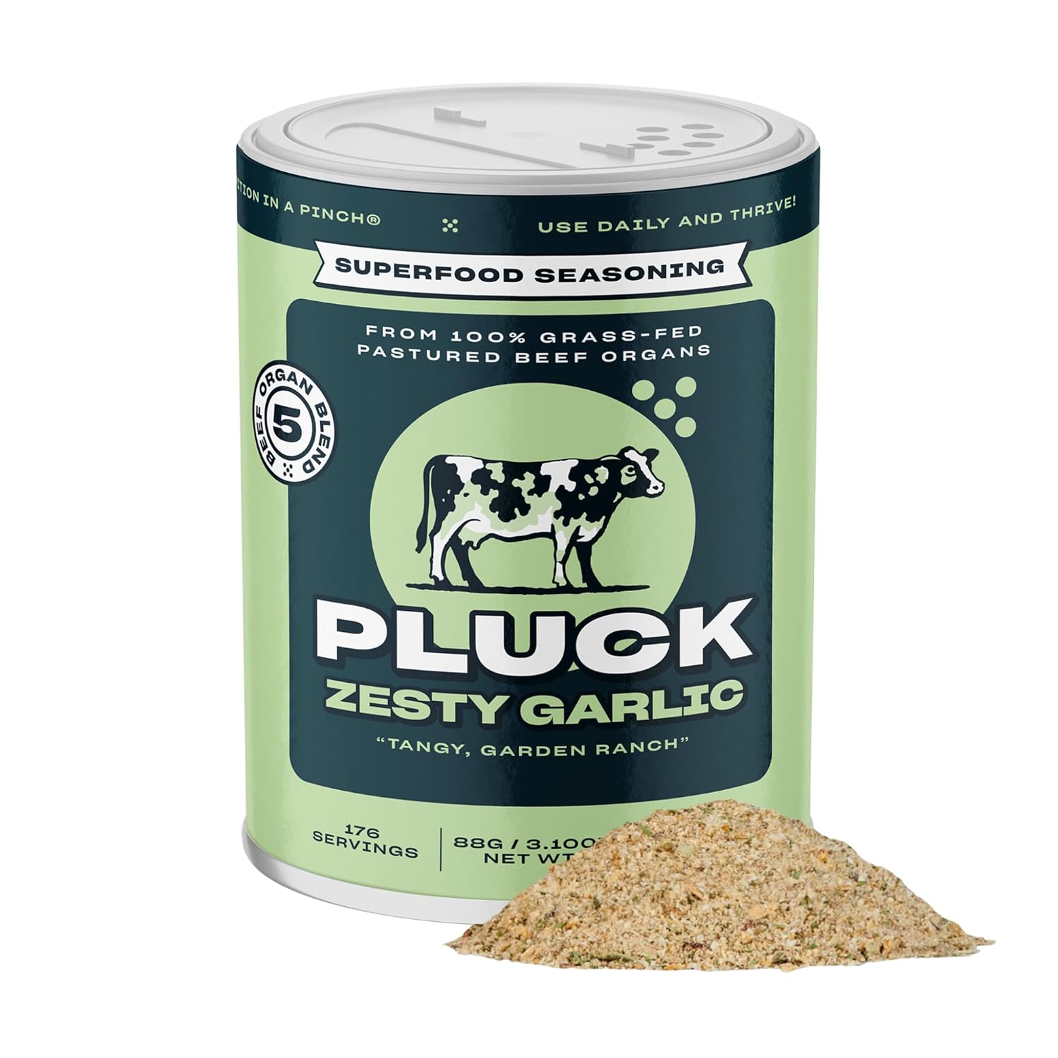 Pluck Original, Zesty Garlic, and Southwest Shaker Organ Meat Blend Seasoning