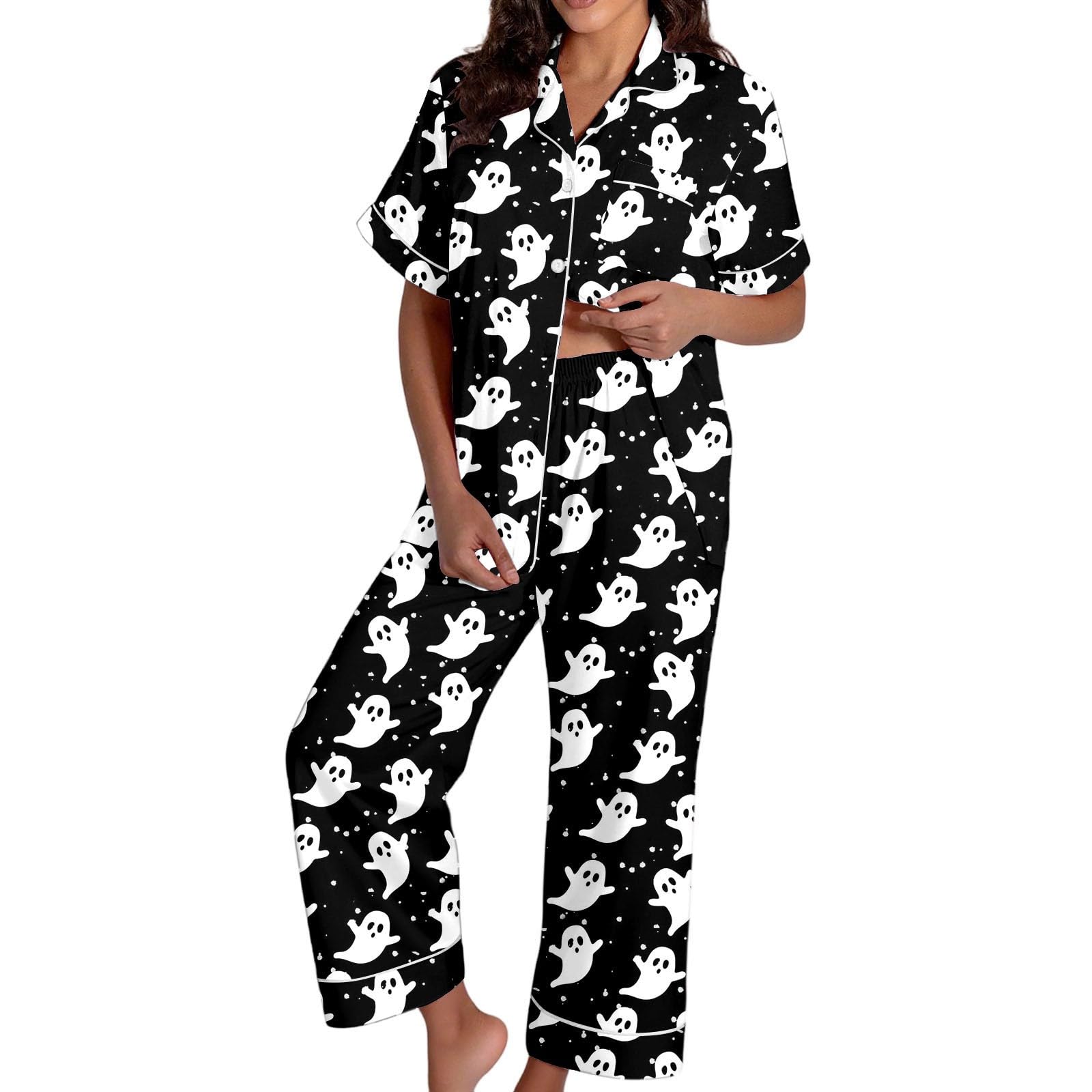 Genérico Conjuntos Pijama Mujer Halloween Top Manga Corta Abotonado Pantalones Cortos Satén Seda Noches Acogedoras Otoño Invierno