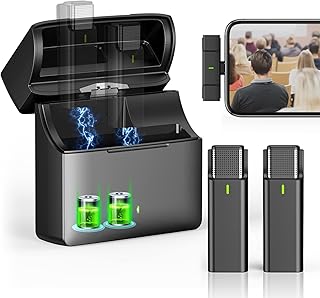 AUXCO Pacote com 2 microfones de lapela sem fio compatíveis com iPhone iPad, 2,4 GHz, microfone sem fio plug-play com capa de carregamento para gravação de vídeo, entrevista, transmissão ao vivo, TikTok, redução de ruído e sincronização automática
