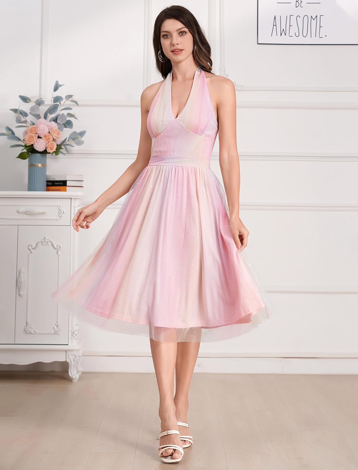 Glitter Sparkle Tulle Prom Dresses for Women Halter V Neck Sleeveless A-Line Wedding Party Short Vintage Homecoming Dress - Image 2