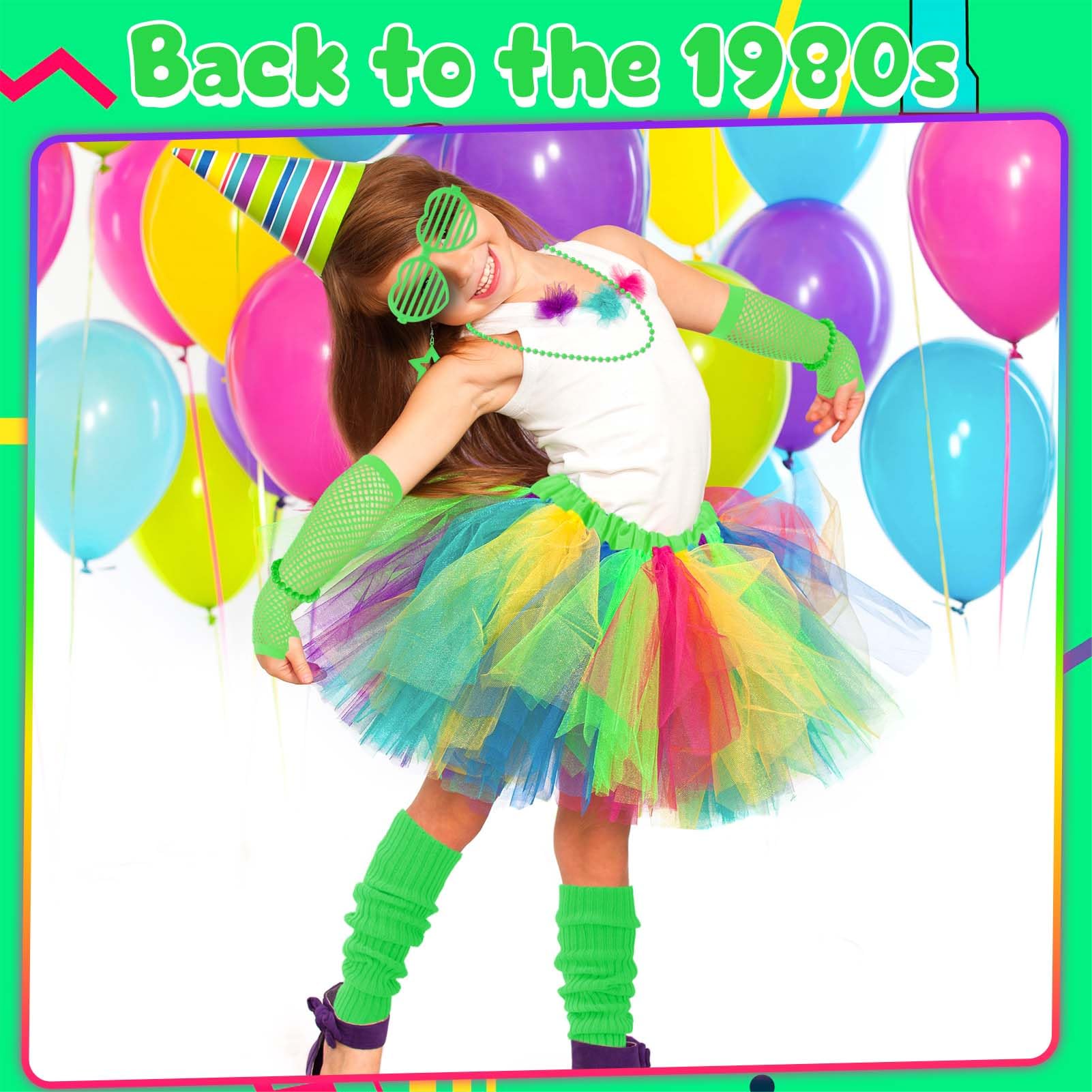 ViEinkaufen 80s Fancy Dress for Girls,90s Kids Neon Fancy Dress Set Kids Tutu Leg Warmers Fishnet Gloves Sunglasses Earrings Necklace Headband Scrunchies Neon Party Accessories - Image 3