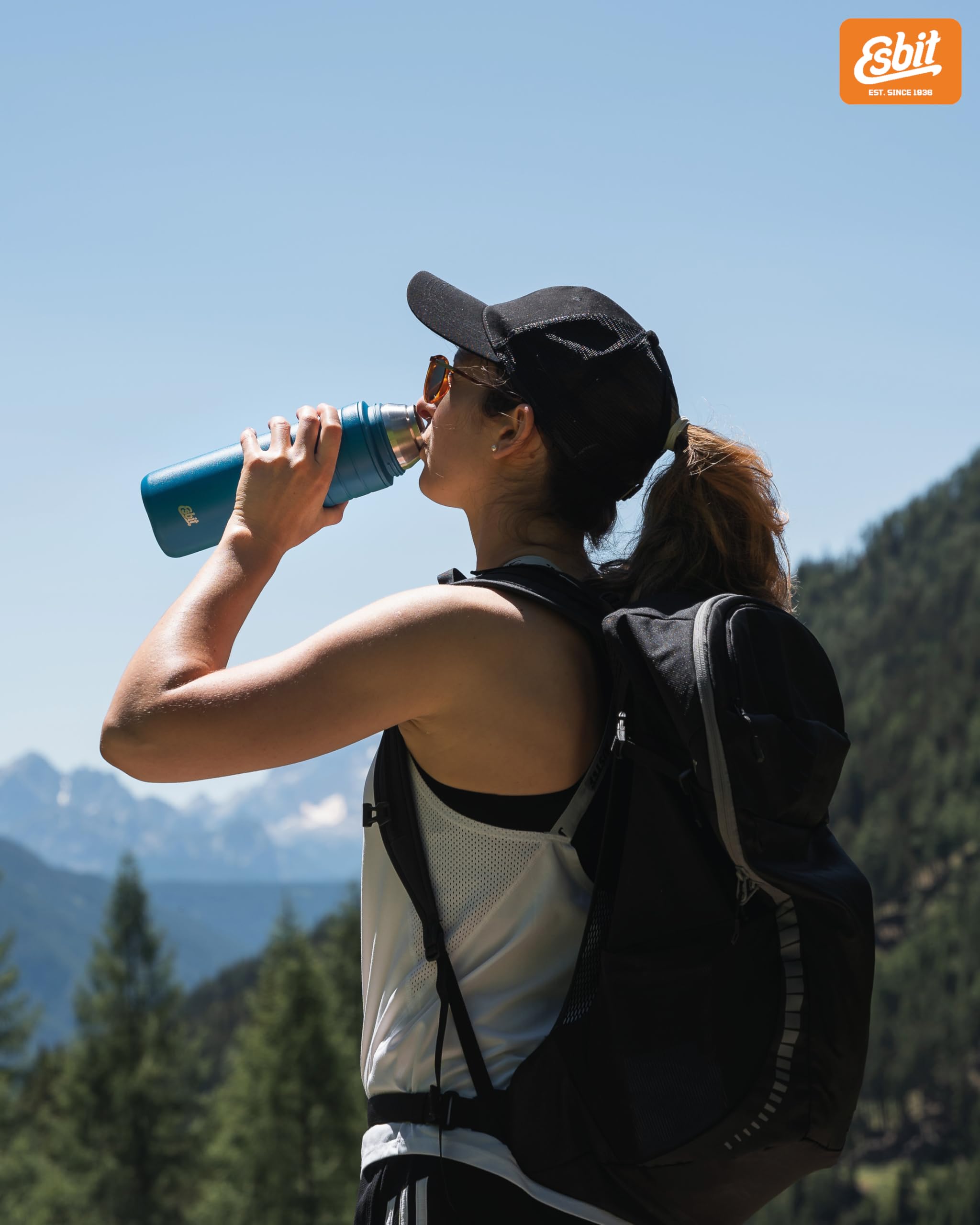 Esbit Isolierflasche Majoris mit Becher - Trinkflasche 1000 ml aus Edelstahl in Polar Blue - für warme und kalte Getränke