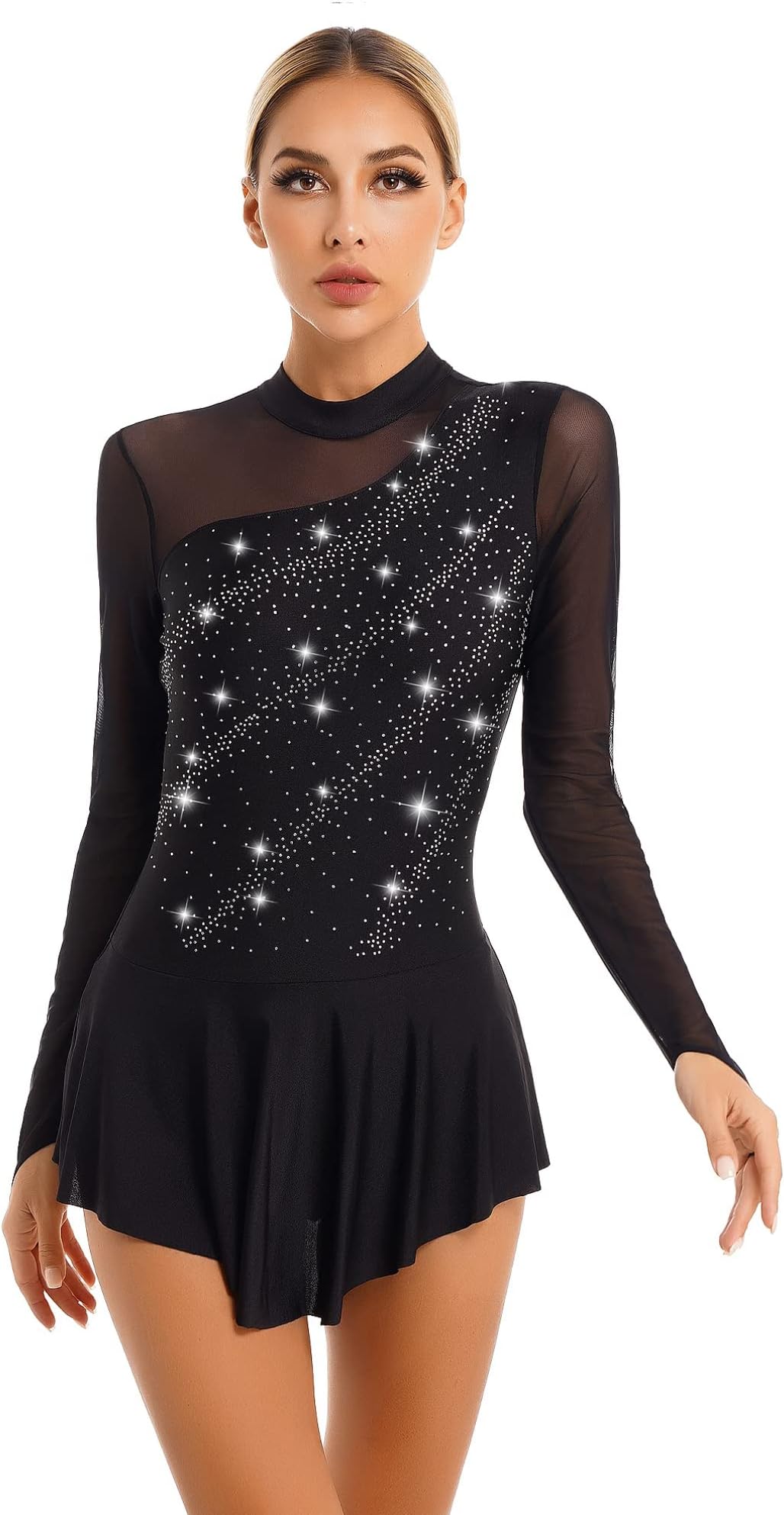 Womens Long Sleeve Gymnastic Ballet Dance Costume Shiny Rhinestone Figure Ice Skating Dress