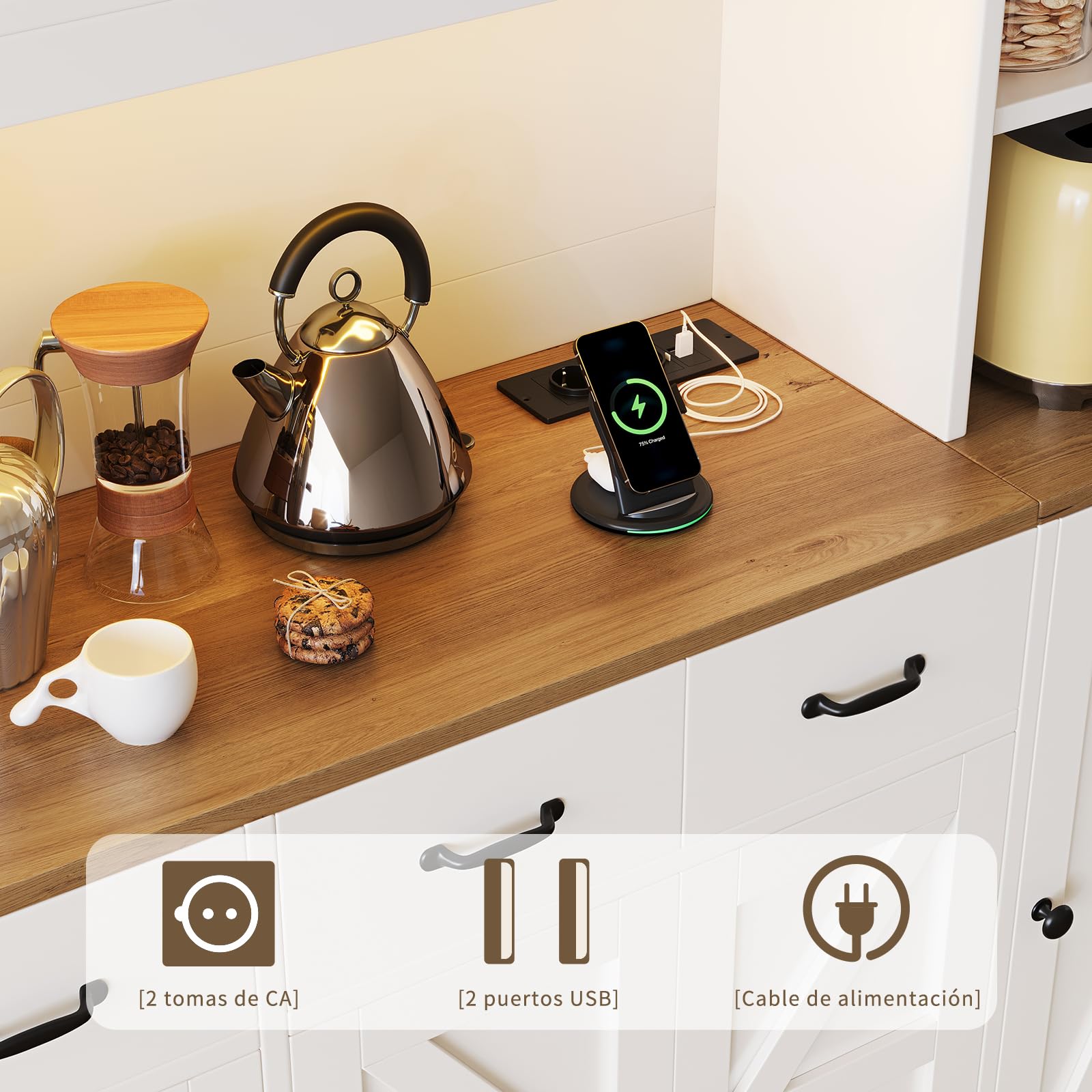 Alacena cocina 180 cm LED carga 4 cajones 6 estantes ajustables – Organizador cocina rústico, mueble auxiliar comedor Blanco