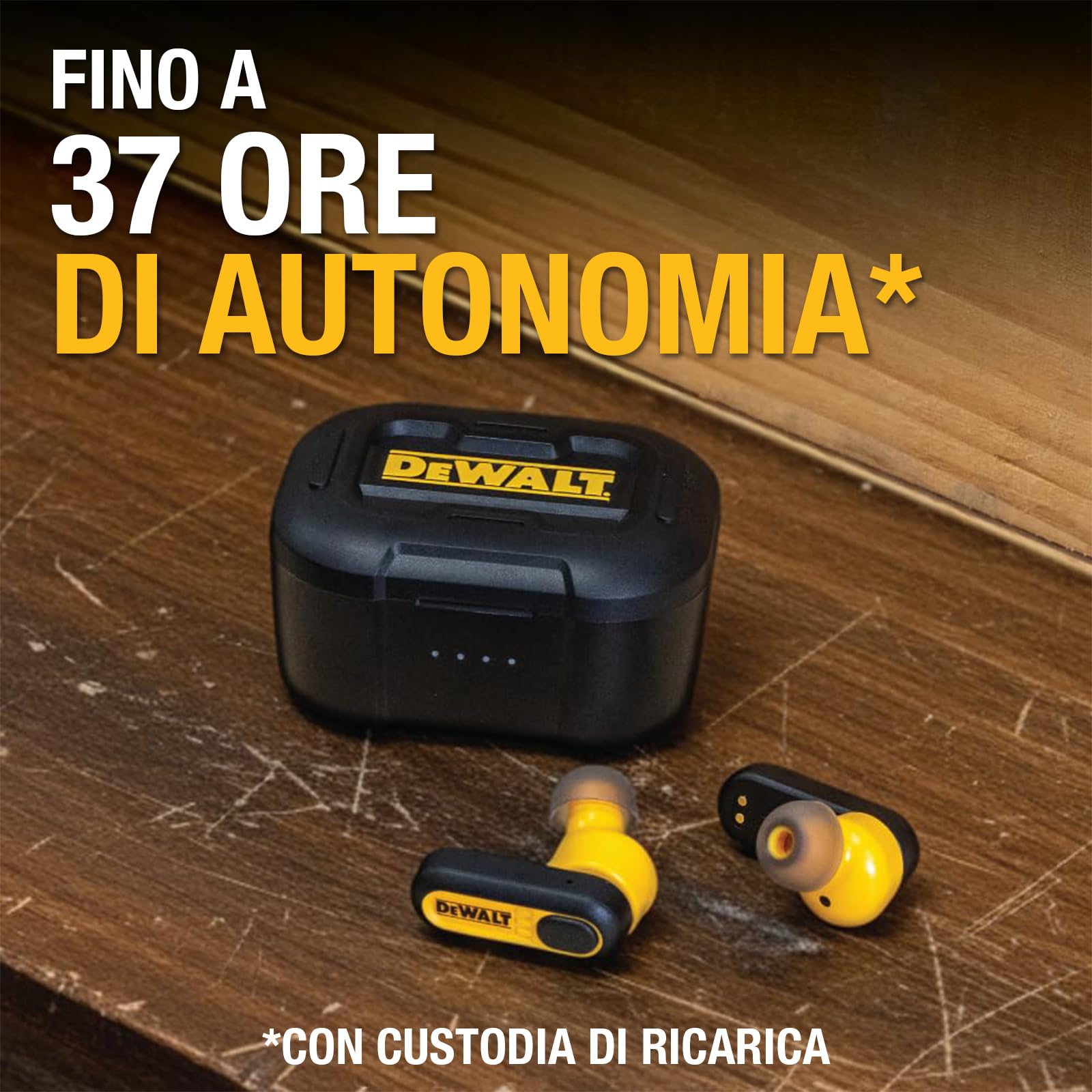 DEWALT Auricolari Bluetooth True Wireless Cuffie In-Ear con Custodia di Ricarica USB-C, Autonomia fino a 37 Ore, Resistenti a Polvere e Acqua IP56 Ideali per Lavori, Cantiere e Uso Outdoor Nero