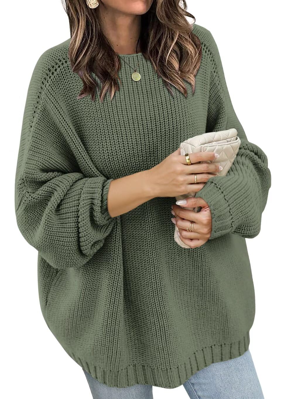 Wkior Womens Casual Sweater Loose Crewneck Knit Long Sleeve Solid Chunky Fall Pullover Sweaters Jumper Tops