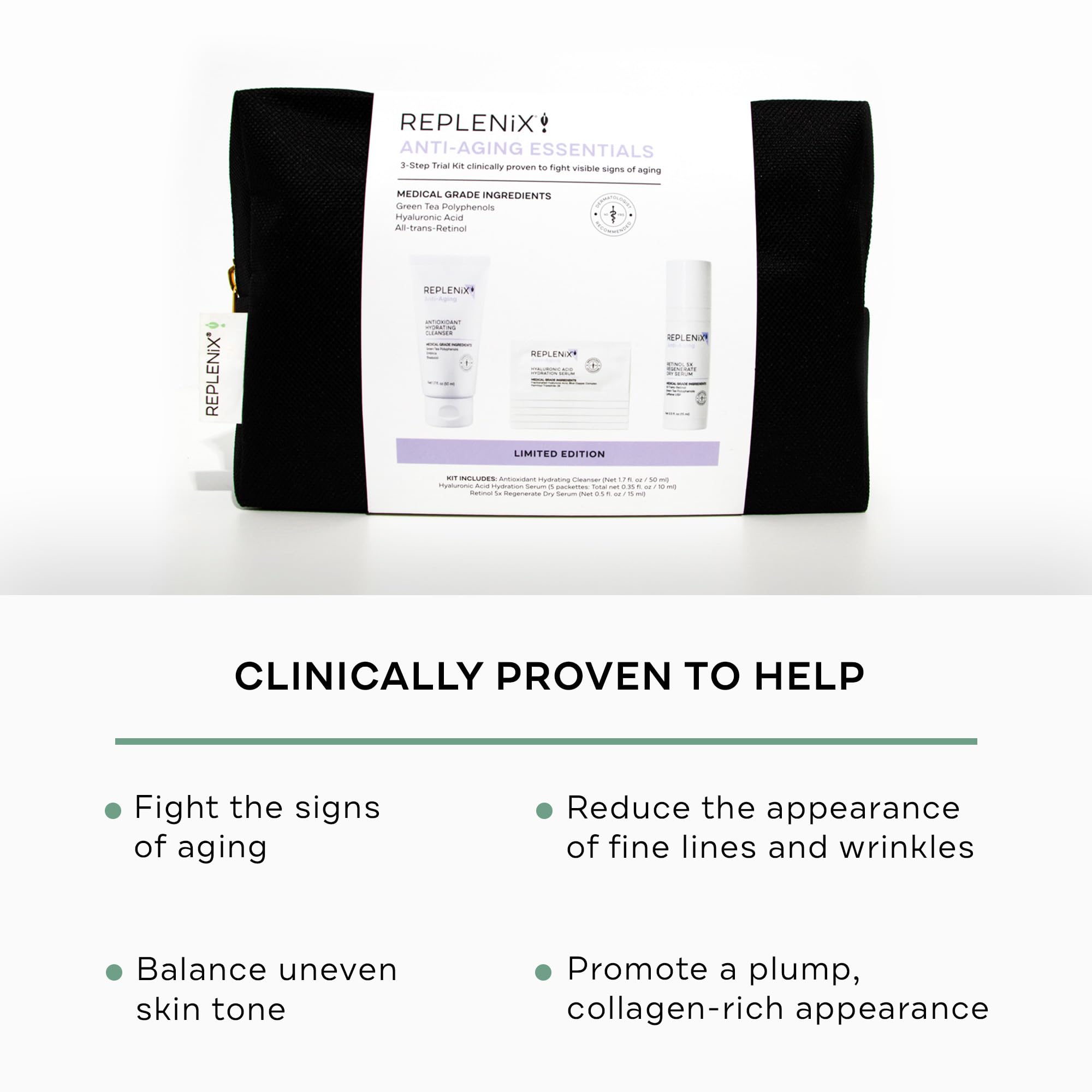 Replenix Anti-Aging Essentials 3 Step Trial Kit, Travel-Size Skincare Products for Mature Skin (Hyaluronic Acid Serum, Hydrating Cleanser, Retinol Serum), Cruelty and Paraben free