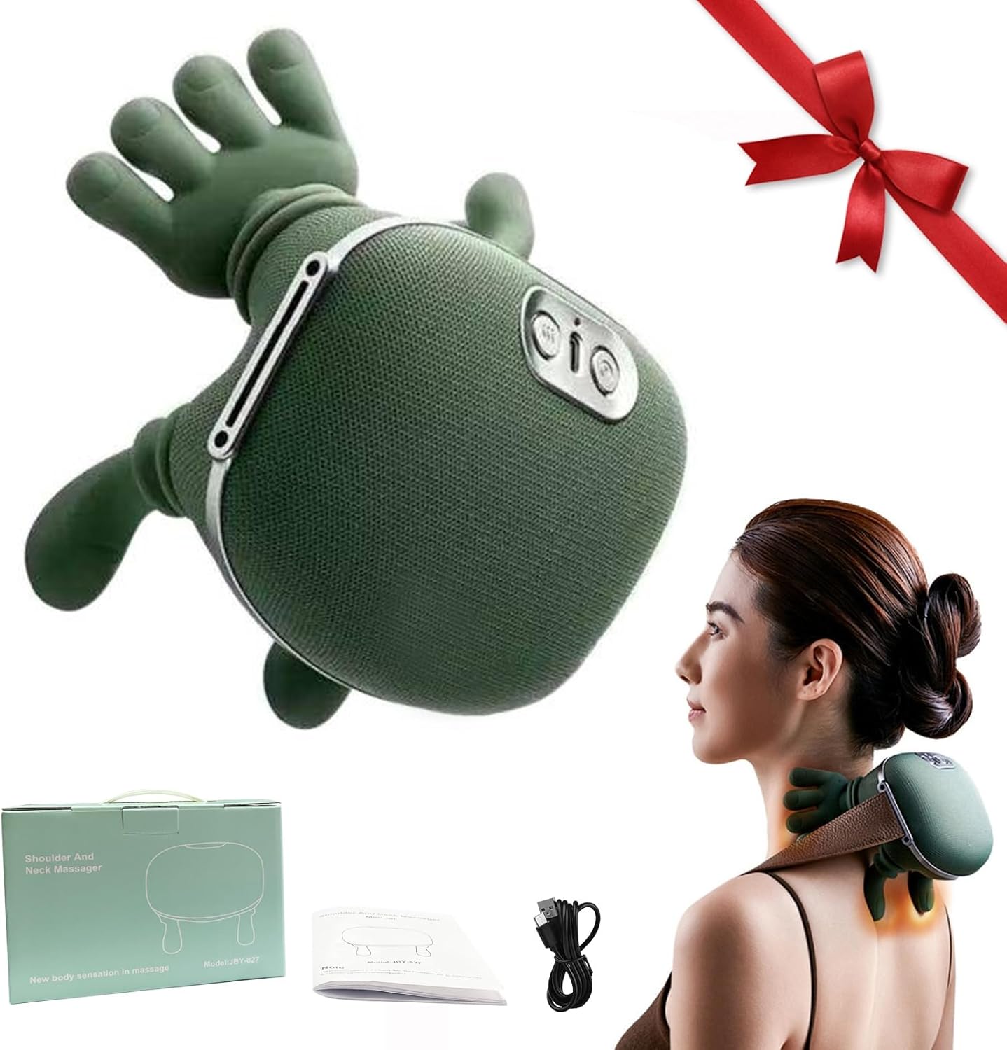 Neck Massager with Heat, Bionic Heated Massager, Neck and Back Shiatsu Massager for Relieve Fatigue, Deep Tissue Portable Neck and Shoulder Massager for Home and Travel(Green)