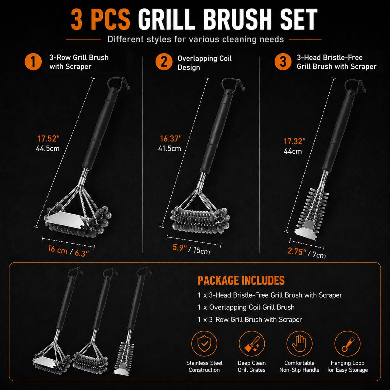 3 Stück BBQ Grillbürste für Weber Traveler 22 2024 2025 2026+ | 3-Kopf-Spiral-Grillbürste mit Schaber Grillbürste mit überlappendem Spiraldesign |3-reihige Grillbürste mit Schaber Edelstahl