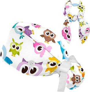 FVQL 2 Pieces Surgical Cap for Long Hair Scrub Cap with Hairband Nurse Cap, Owls Pattern Bird