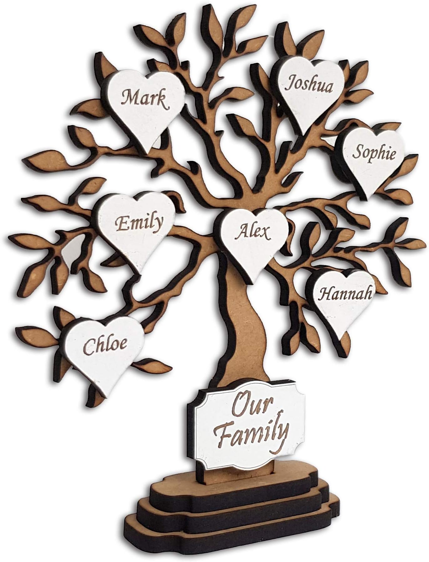 Personalised Family Tree of Life Gift, wooden tree, shabby chic heart, freestanding up to 12 names added, personalised, handmade. Mother's Day (18cm Tree, Plain Hearts)