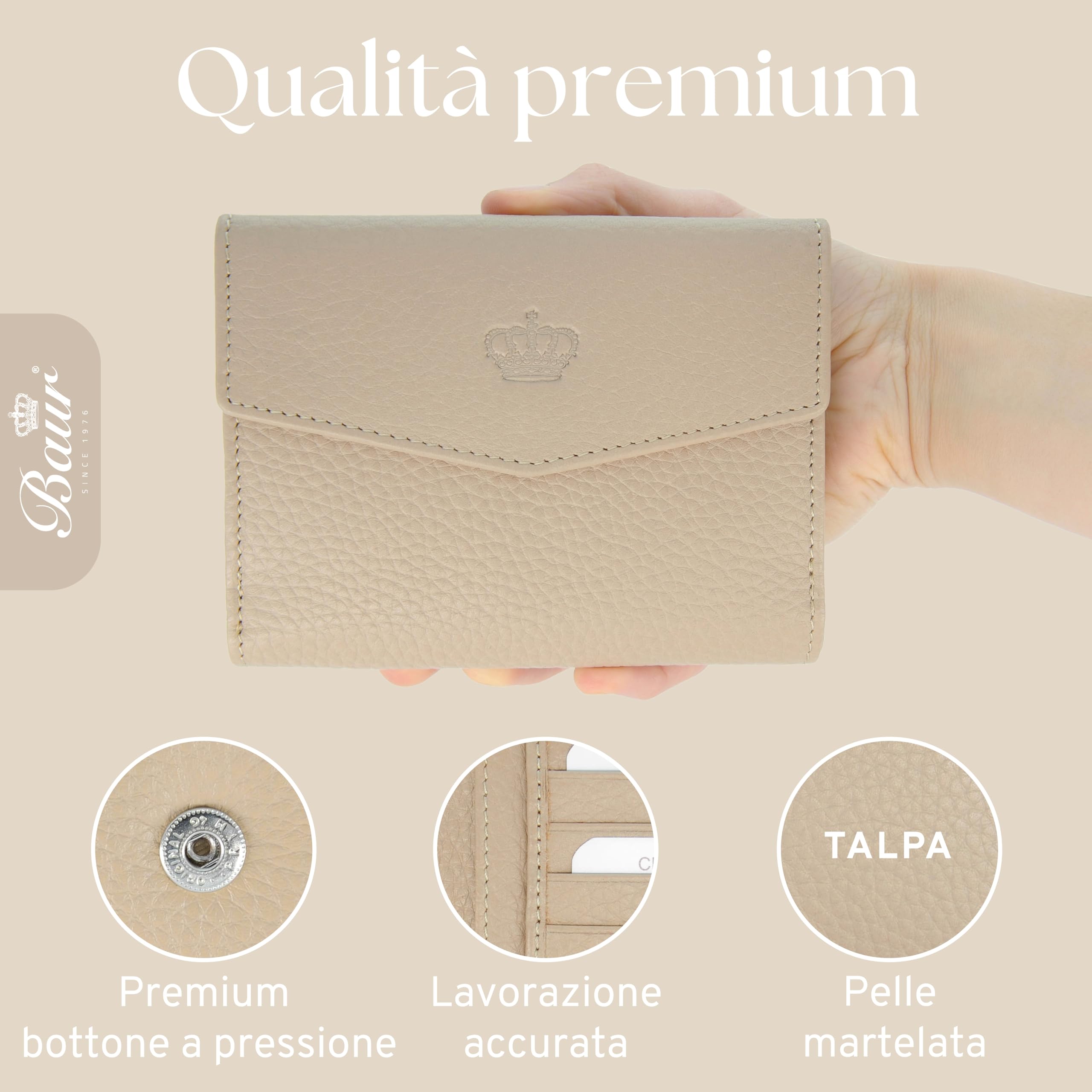 Baur portafoglio da donna – vera pelle con protezione RFID – portafoglio piccolo con 6 scomparti per carte – chiusura a bottone a pressione (Talpa)