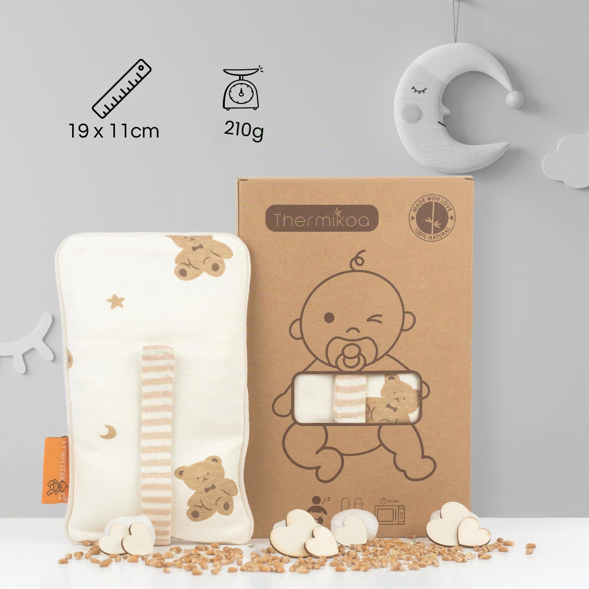 Thermikoa Borsa Acqua Calda Neonato Termica con Semi Naturali Fascia Regolabile per Microonde Cuscino Termico Lavabile Morbido per Pancino Bebè