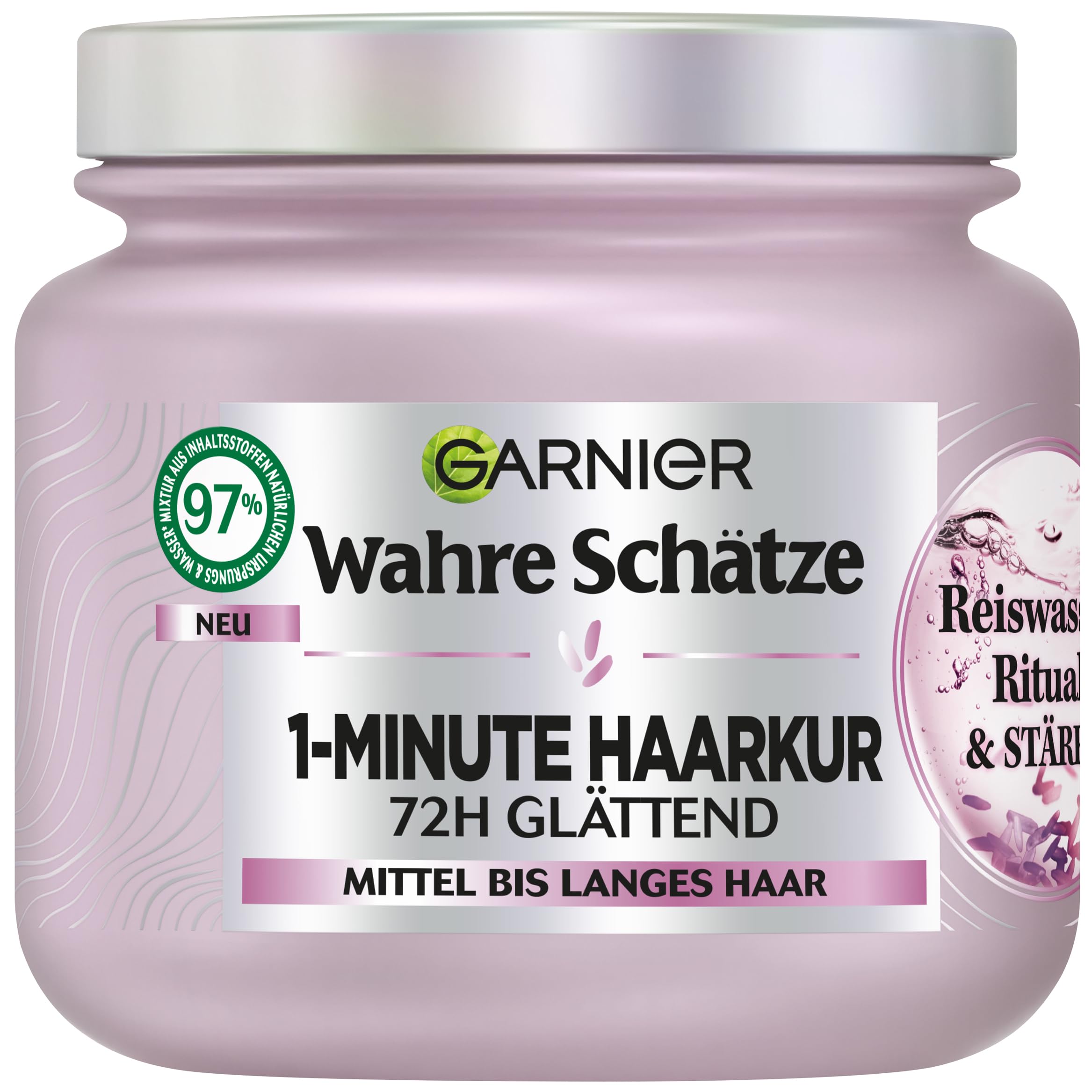 Garnier Wahre Schätze 1-Minute Haarkur für mittellanges bis langes Haar, Glättende Haarkur mit Reiswasser und Stärke, Für mehr Glanz und Geschmeidigkeit, Reiswasser Ritual & Stärke, 1 x 340 ml