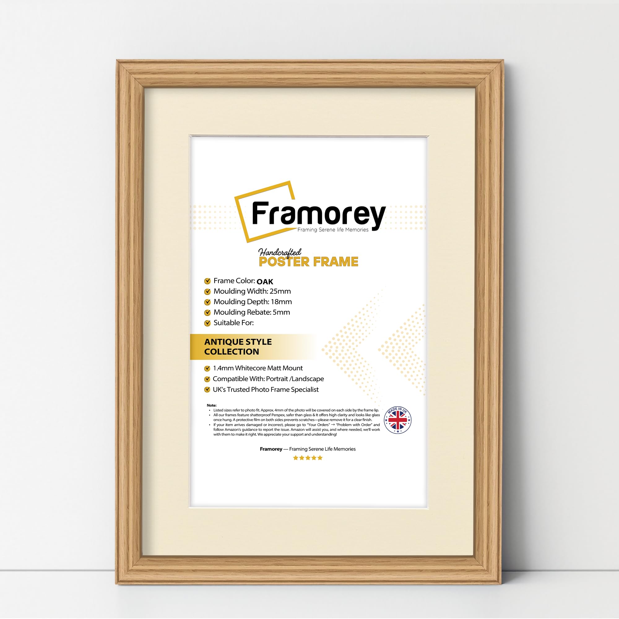 Framorey Framing Serene Life Memories Oak With Ivory Mount Framorey Lw Antique Style Photo Frames 24X18" Size Oak Picture Frame With 20X14" Size Ivory Mount, Modern Art Picture Frames, Wall Hanging Poster Frame, Photo Print Frames