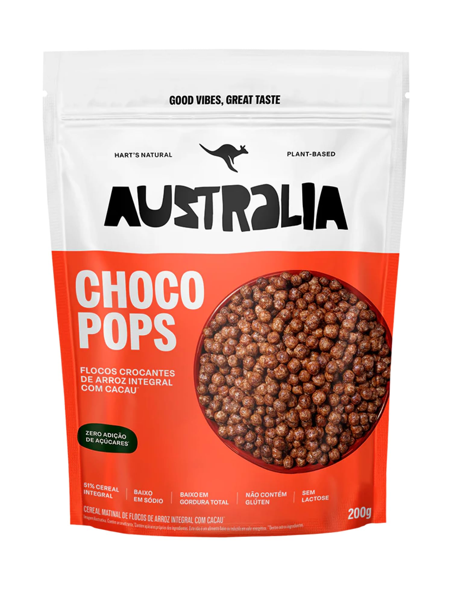 Hart's Natural ChocoPops Australia Chocolate | Cereal Matinal Sem Adição de Açucar, Sem Glúten, Sem Lactose, Vegano | 100% Natural | Alto em Fibras | 200g