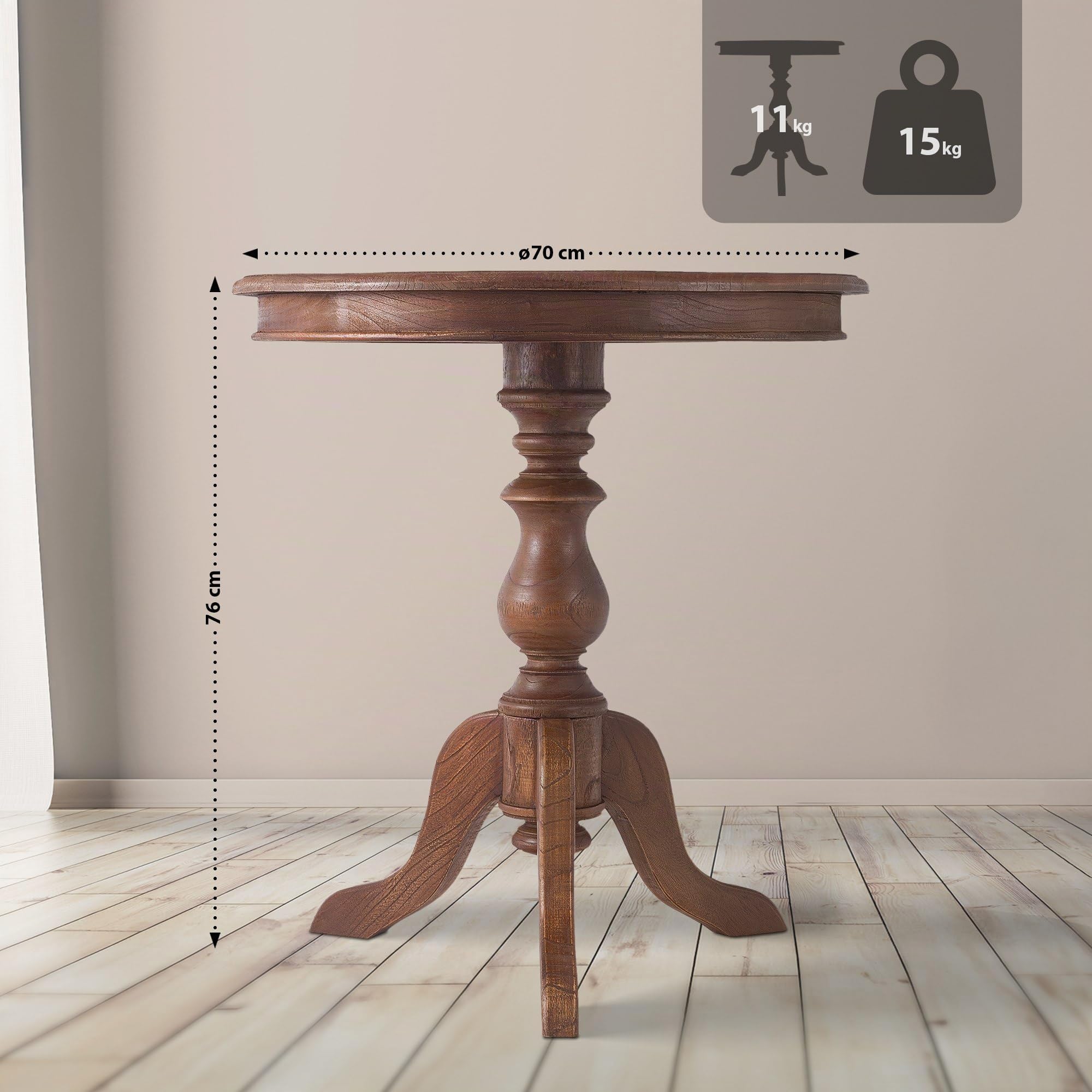 CLP Beistelltisch Wiva, runder Holztisch 70cm Durchmesser für Wohnzimmer und Esszimmer, Mindiholz mit Tischplatte, Farbe:braun