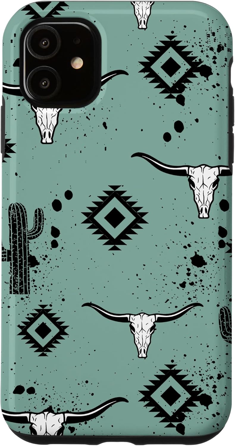 Western Country Aztec Bull Skull Cactus Cacti Pattern Case for iPhone 16