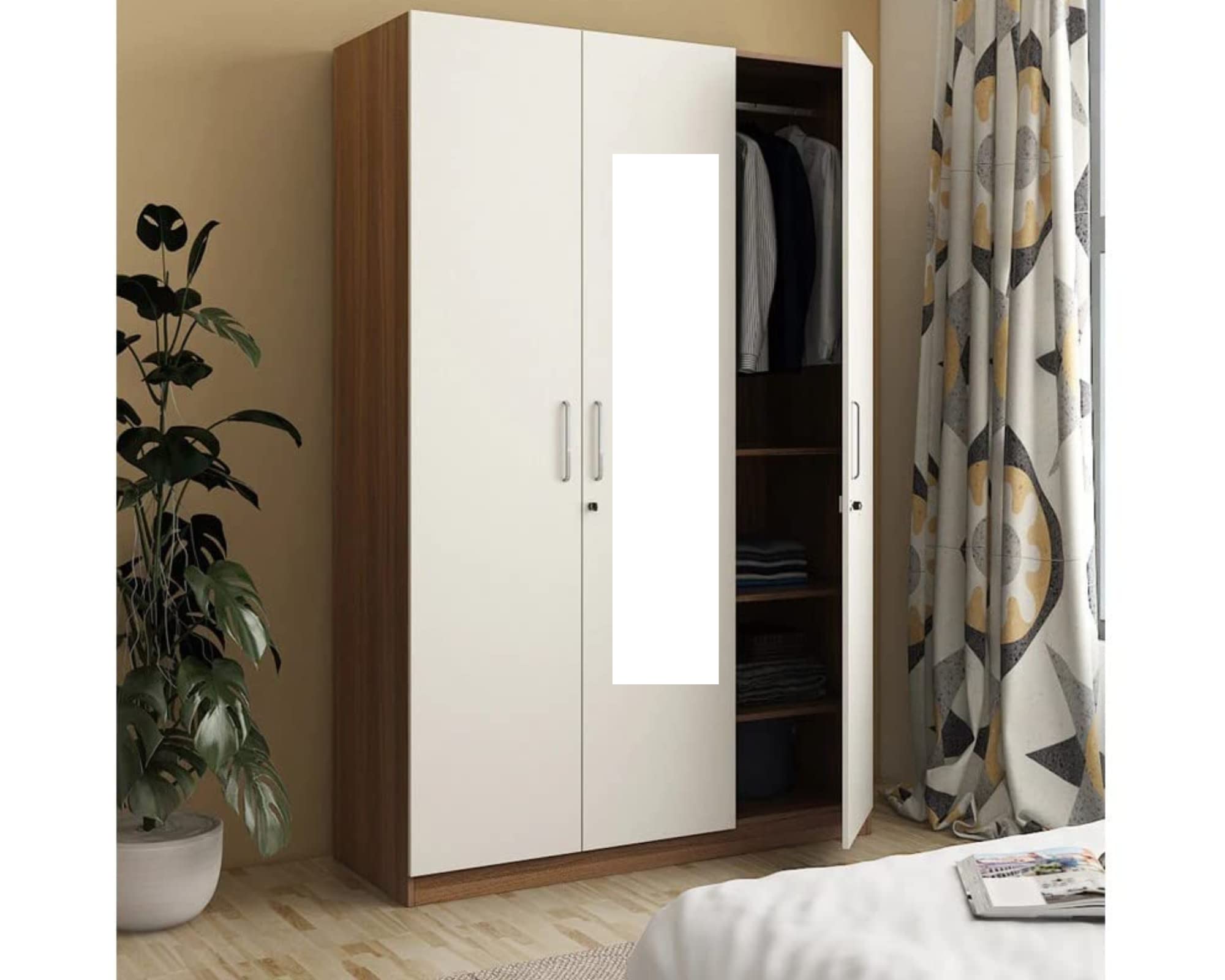 CASPIAN Engineered Wood Triple Door Wooden Wardrobe (White & Brown) | Furniture with Dressing Mirror & Key Locker | Cupboard/Almirah for Bedroom Clothes Storage Organizer with 11 Shelves & Drawer-image-37