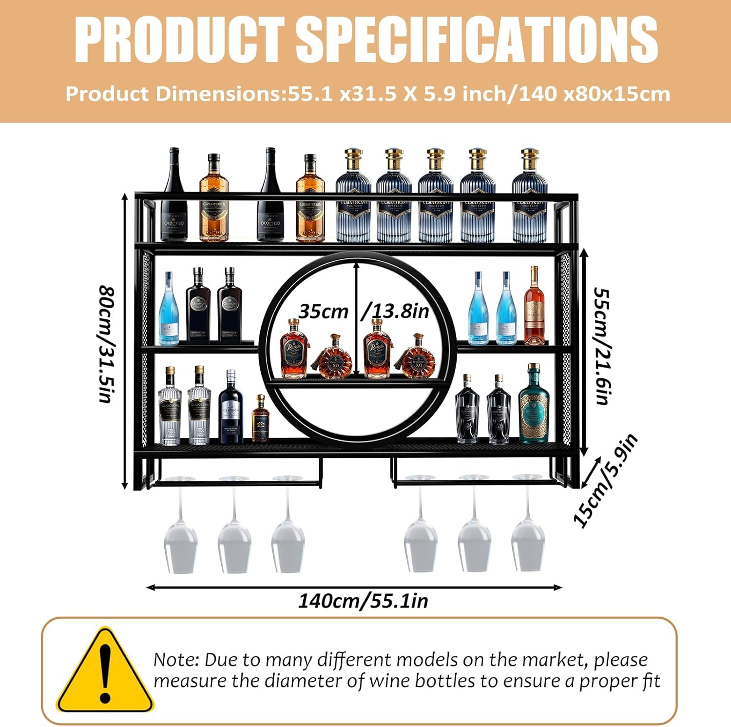 Metal Wine Rack Wall Mounted with LED Light, 3-Tier Bar Liquor Shelf with Wine Glass Holder, Modern Large Capacity Liquor Bottle Display Storage Shelf for Home Bar, Dining Room(Black, 140 * 80 * 15) - Image 6