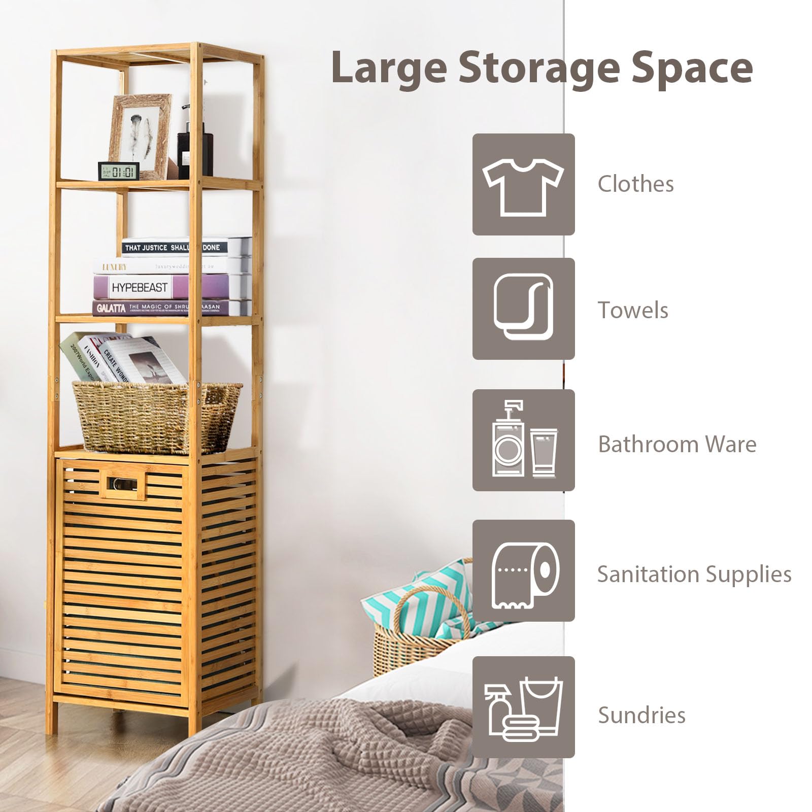 LIFEZEAL Mobile Bagno con Portabiancheria in Bambù Naturale, Mobiletto Bagno Salvaspazio con Biancheria, 40x33x160cm, Scaffale Alto per Organizer, Cesto Biancheria Estraibile con Rapiani da Lavanderia