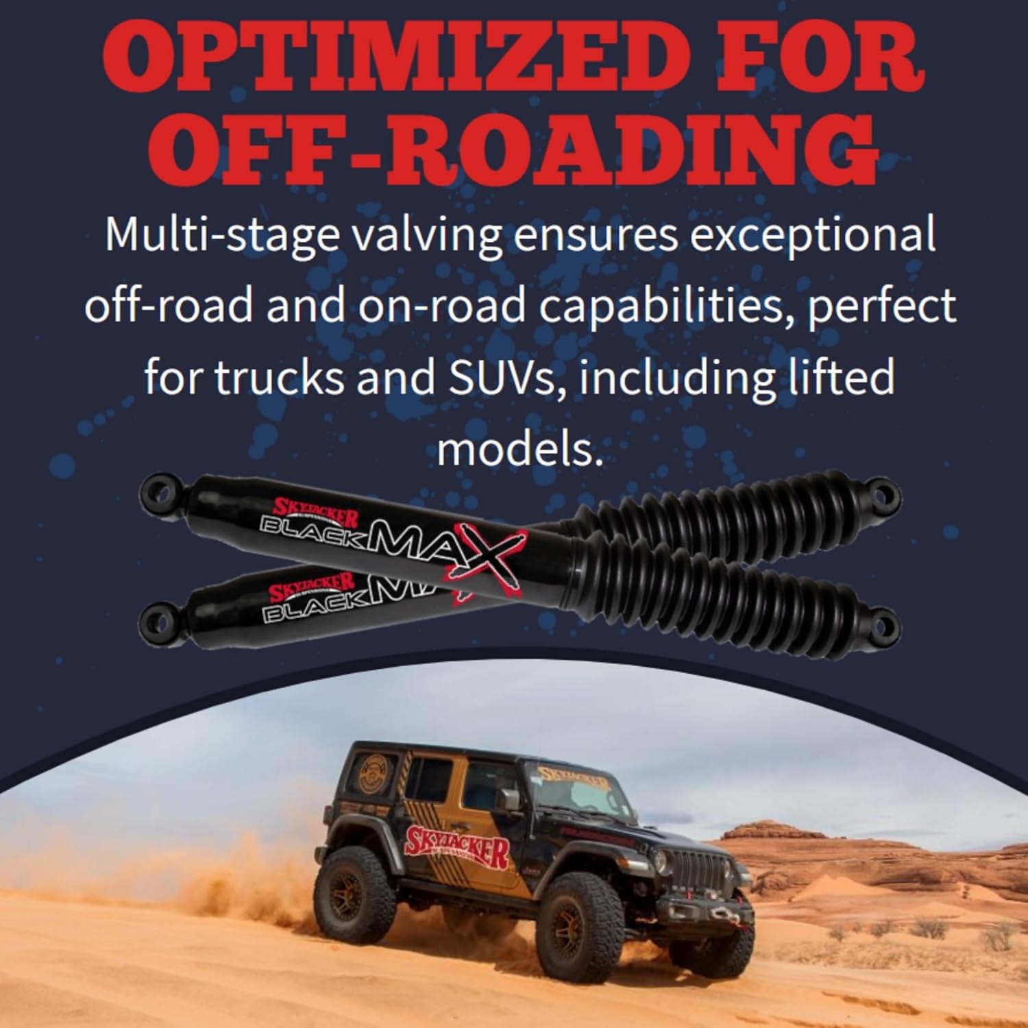 Set of Black Max Series Front & Rear Hydraulic Action Shocks fits 1999 2003 F250 Super Duty with 6-8” Front & 2-5.5” Rear Lift | Multi-Stage Valving | Durable Gloss Black Finish
